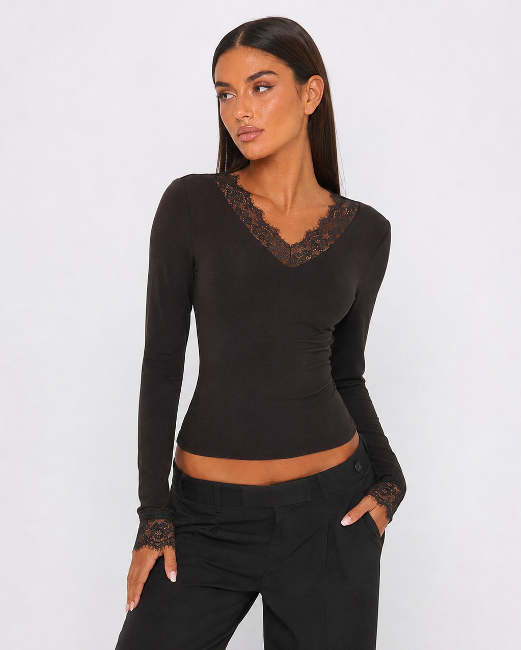 Top Donna Maniche Lunghe Scollo a V Bordo Pizzo e Polsini Pizzo