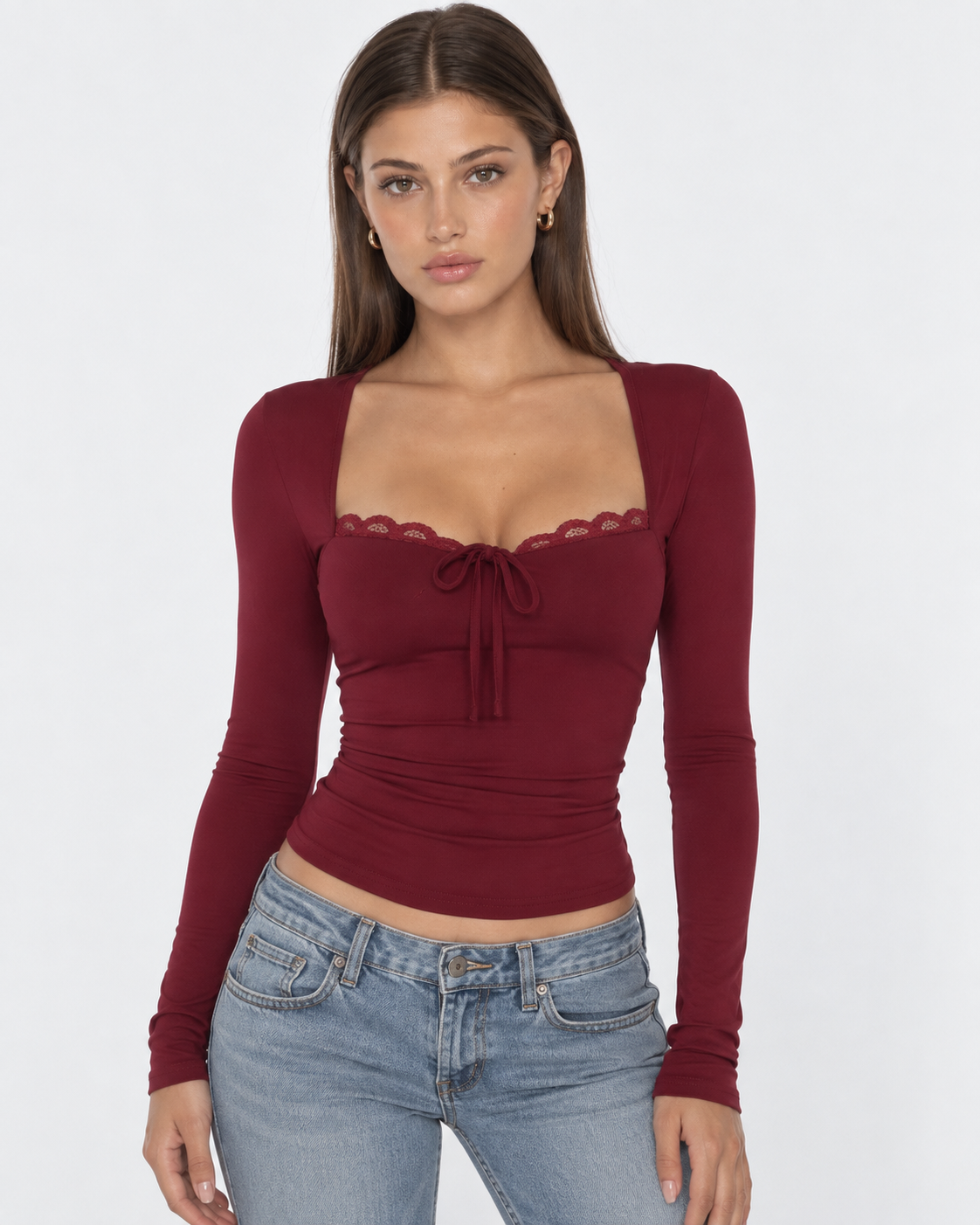 Top Donna Aderente Bordo in Pizzo Scollo con Fiocchetto