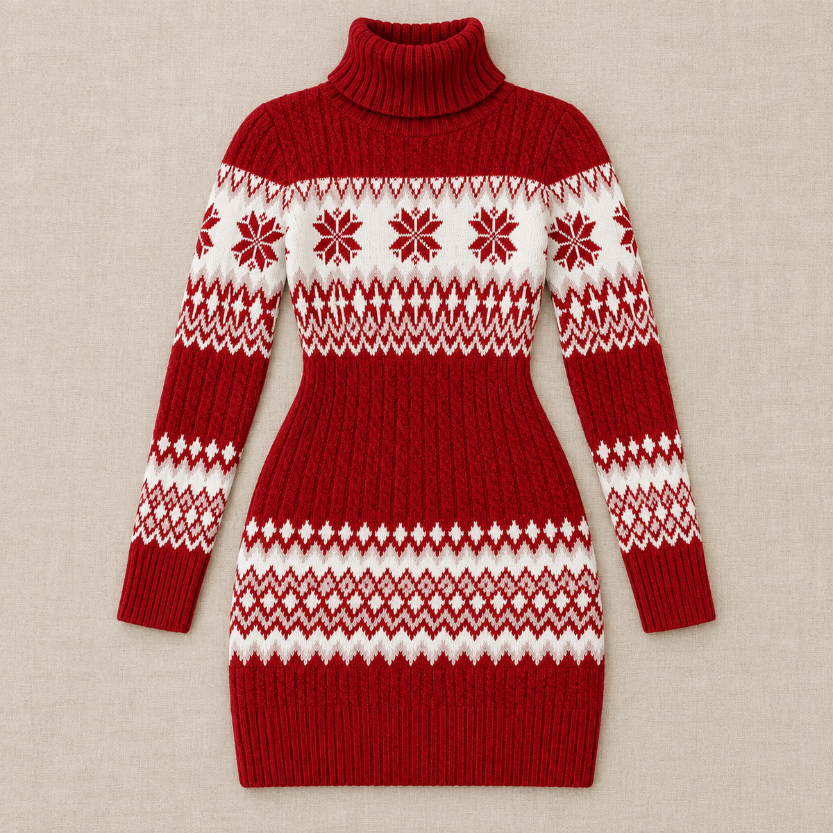 Abito Donna Natalizio in Maglia Fair Isle Caldo Rosso