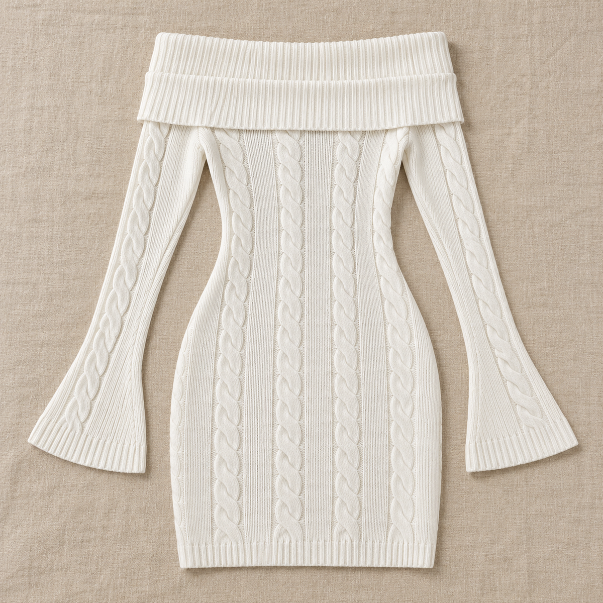 Abito Donna Corto in Maglia a Trecce Spalle Scoperte Bianco
