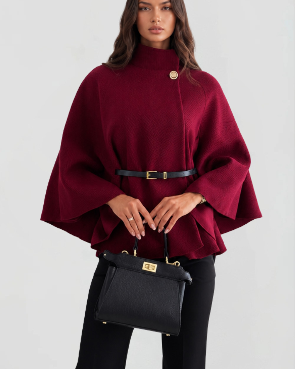 Mantella Donna in Lana con Cintura e Collo a Imbuto