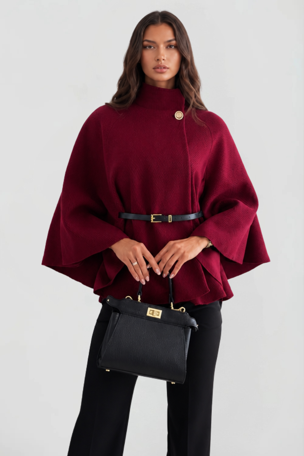 Mantella Donna in Lana con Cintura e Collo a Imbuto