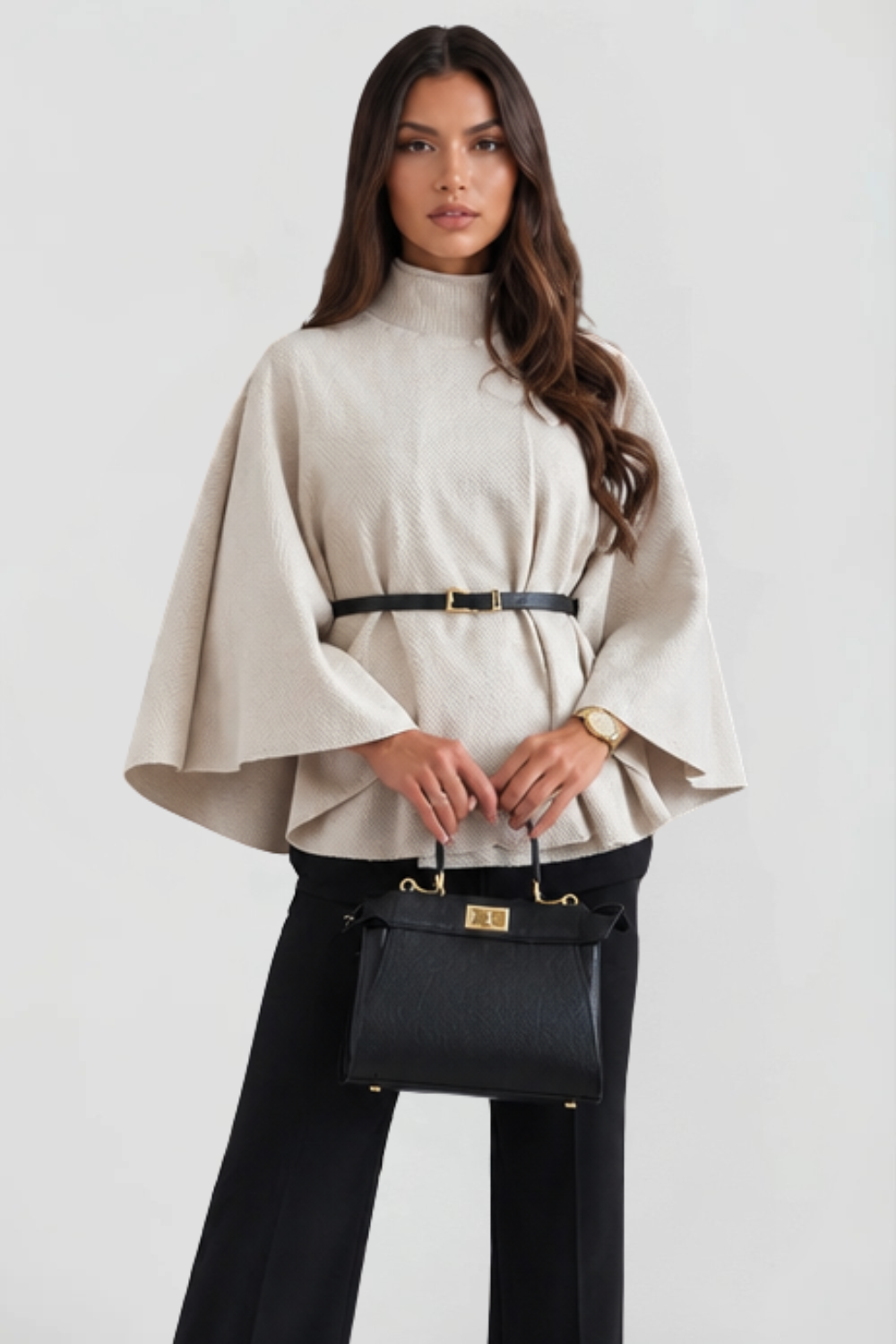 Mantella Donna in Lana con Cintura e Collo a Imbuto