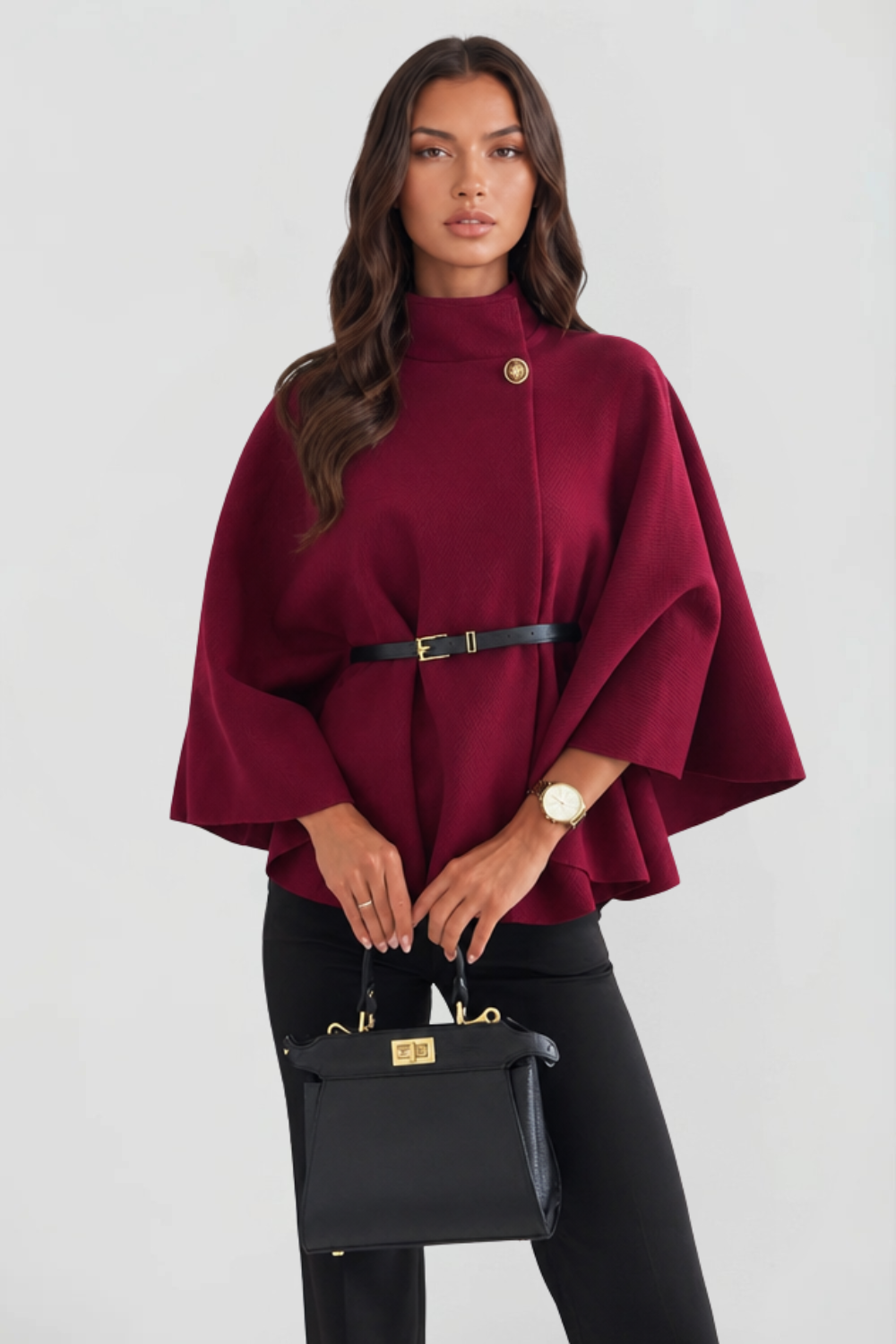 Mantella Donna in Lana con Cintura e Collo a Imbuto