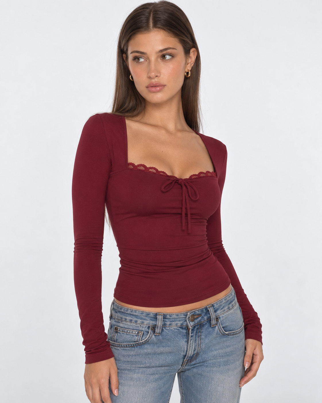 Top Donna Aderente Bordo in Pizzo Scollo con Fiocchetto