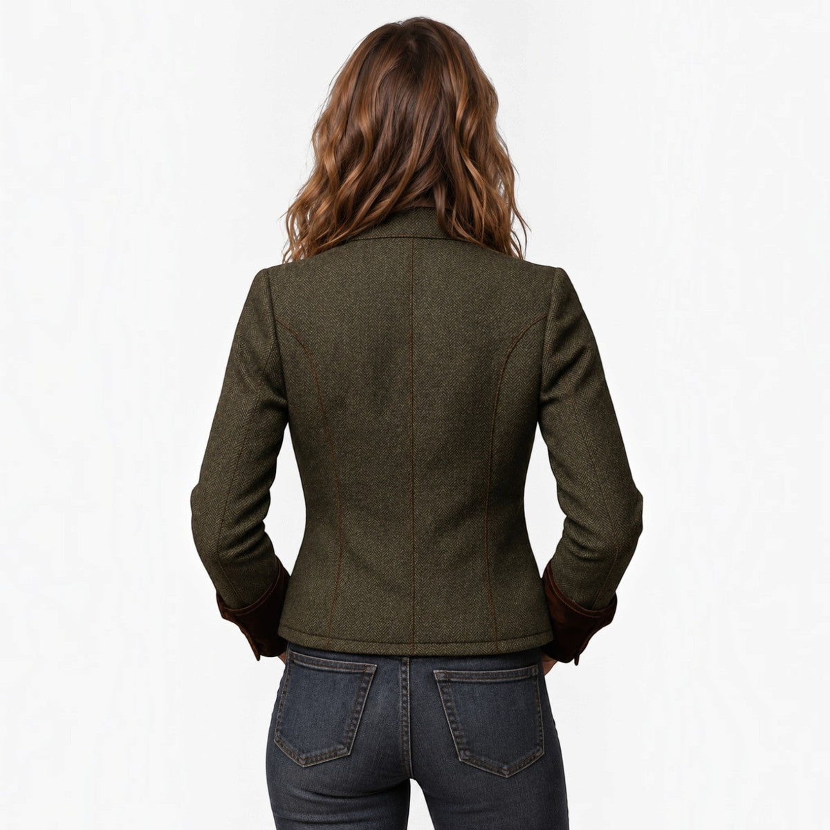 Giacca Donna Trapuntata in Tweed Spigato Bottoni Oro Polsini Velluto