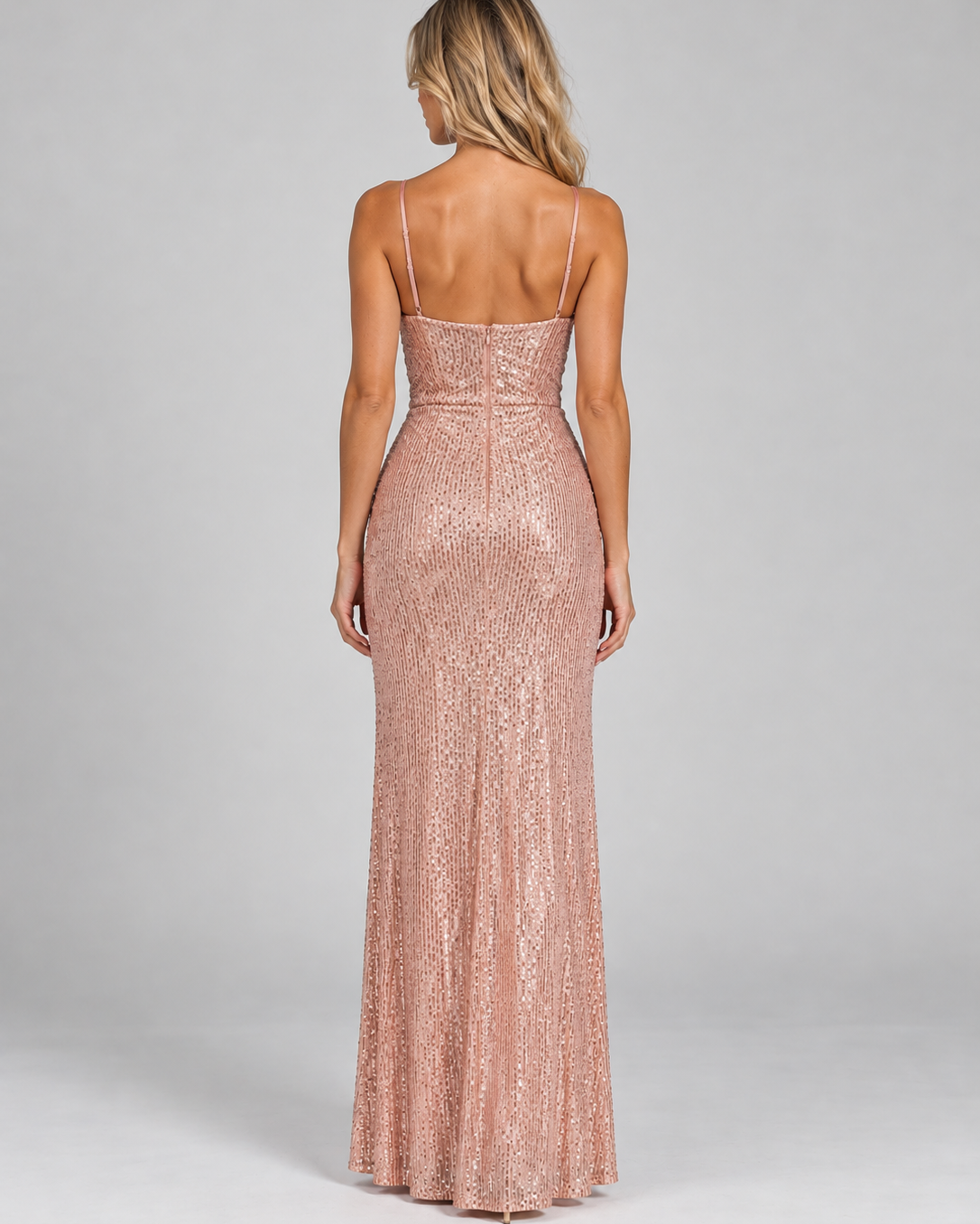 Abito Lungo Donna con Paillettes Spalline Sottili Scollo Incrociato