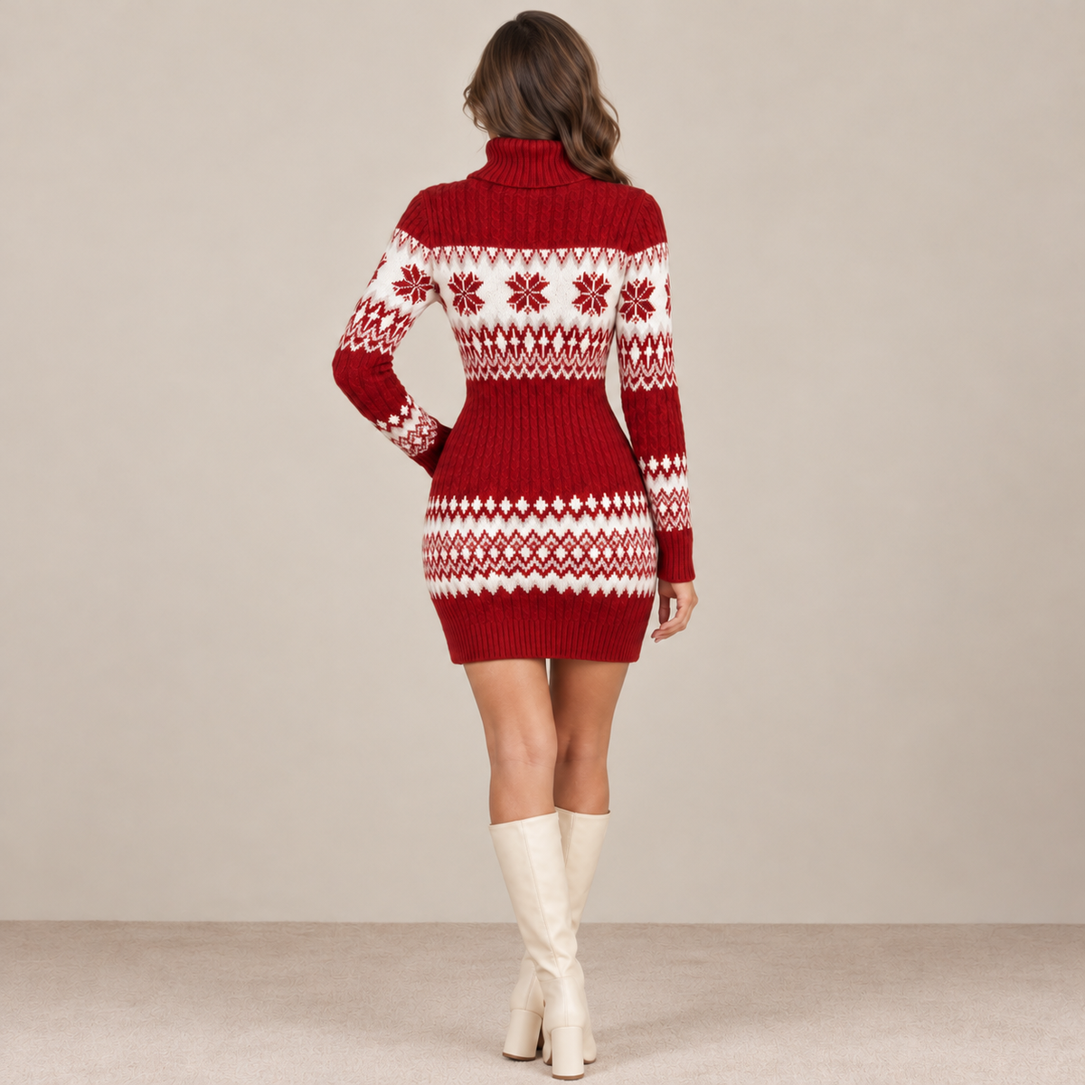 Abito Donna Natalizio in Maglia Fair Isle Caldo Rosso