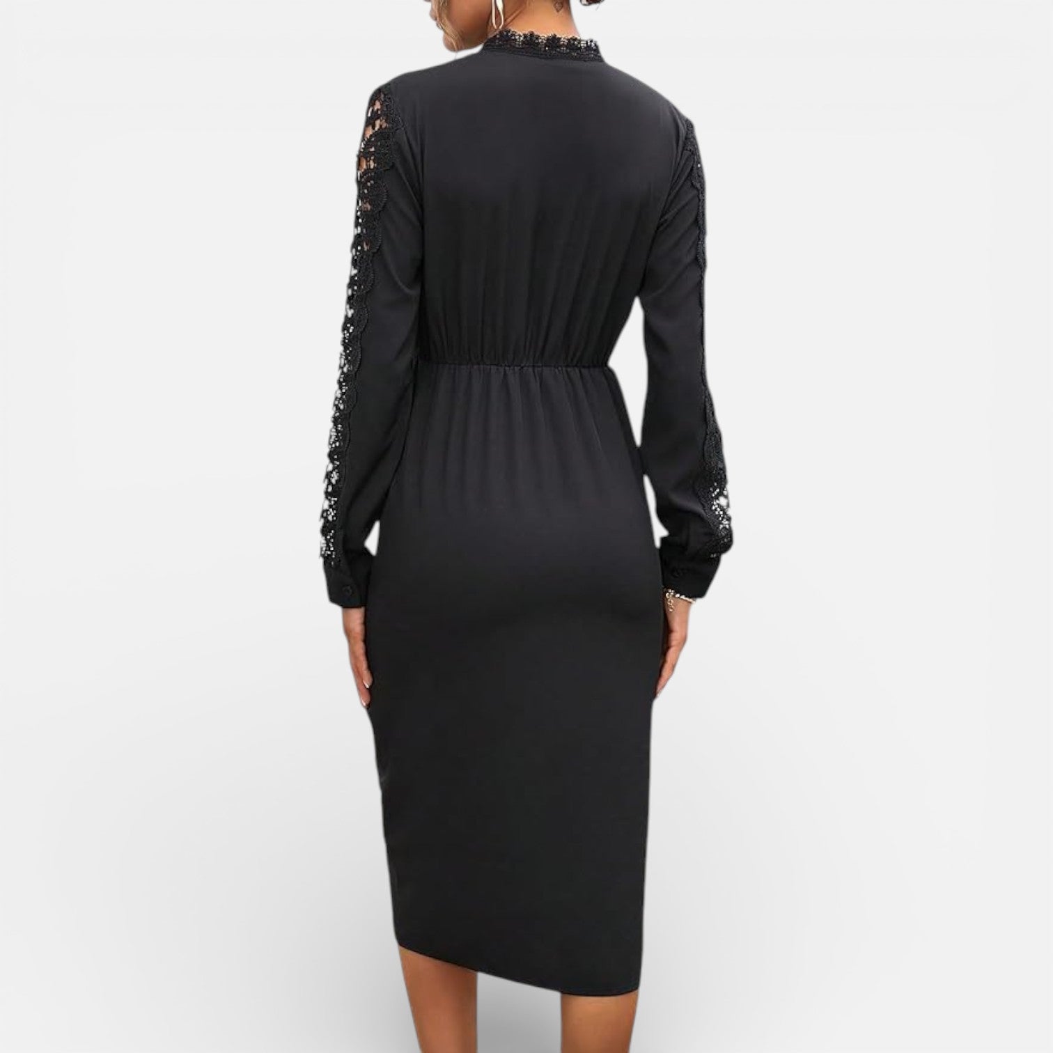 Abito Midi Donna Nero Maniche in Pizzo Elegante