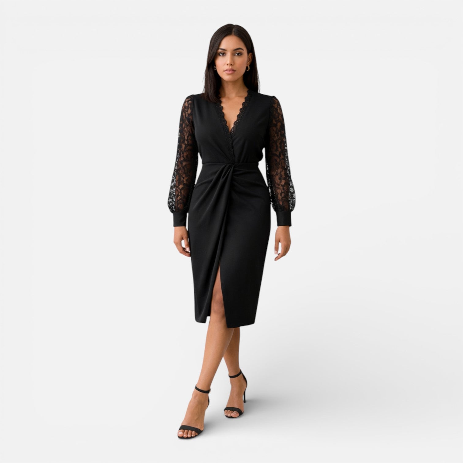 Abito Midi Donna Nero Maniche in Pizzo Elegante