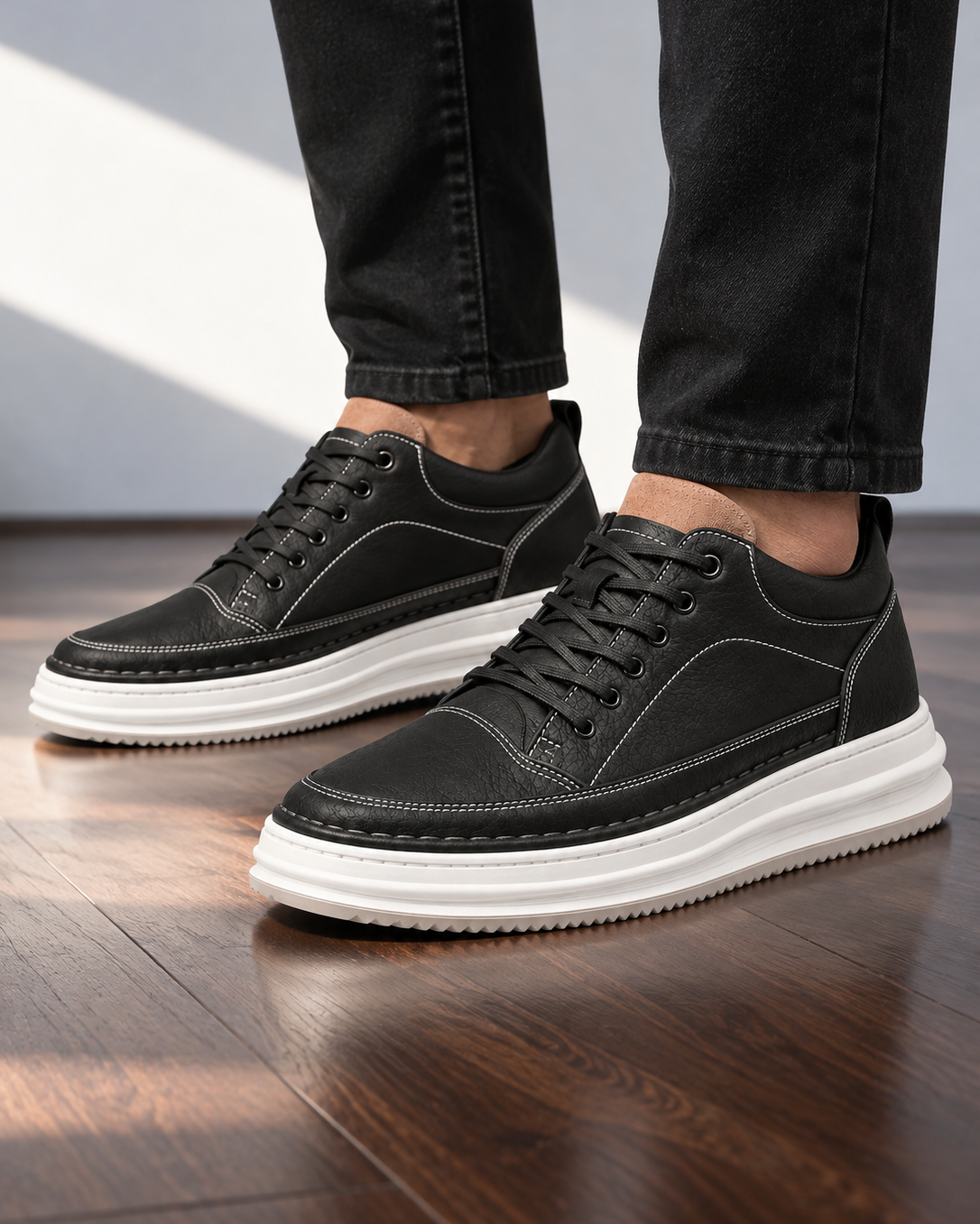 Sneakers Uomo Effetto Pelle Platform Stringate Suola Bianca