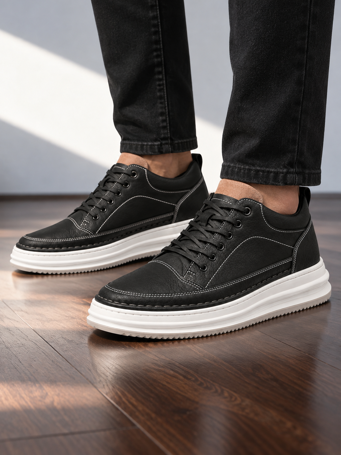 Sneakers Uomo Effetto Pelle Platform Stringate Suola Bianca