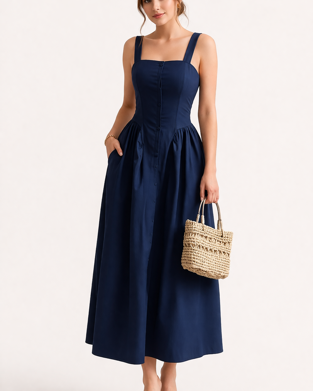 Aurazio Vestito Midi Da Donna Con Spalline Estivo