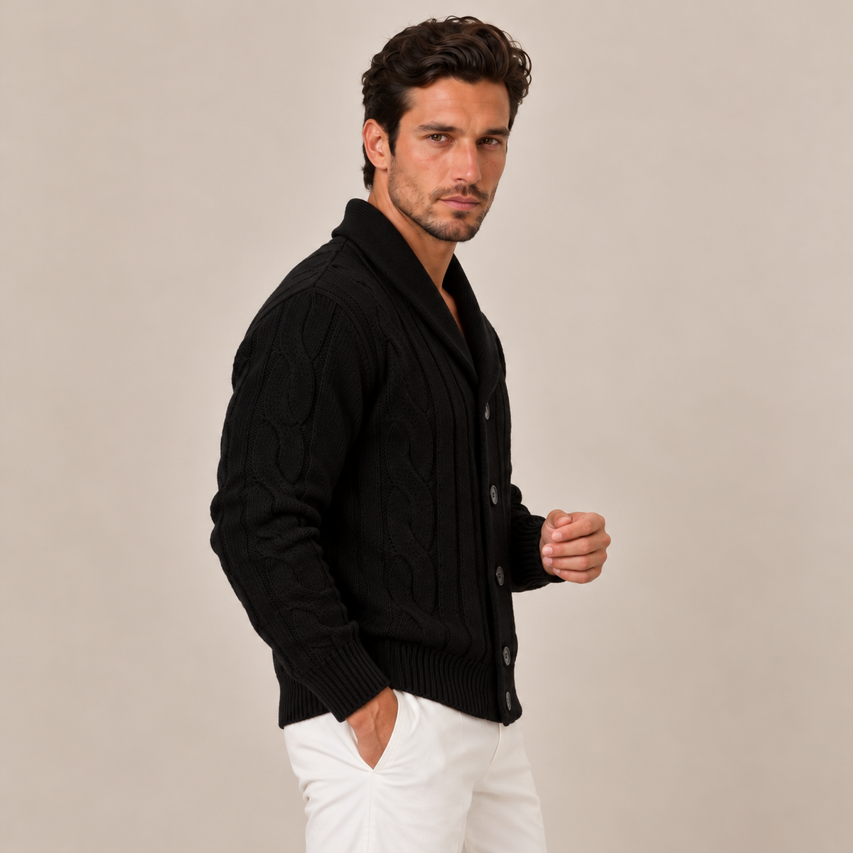 Cardigan Uomo a Trecce con Bottoni in Maglia Classico