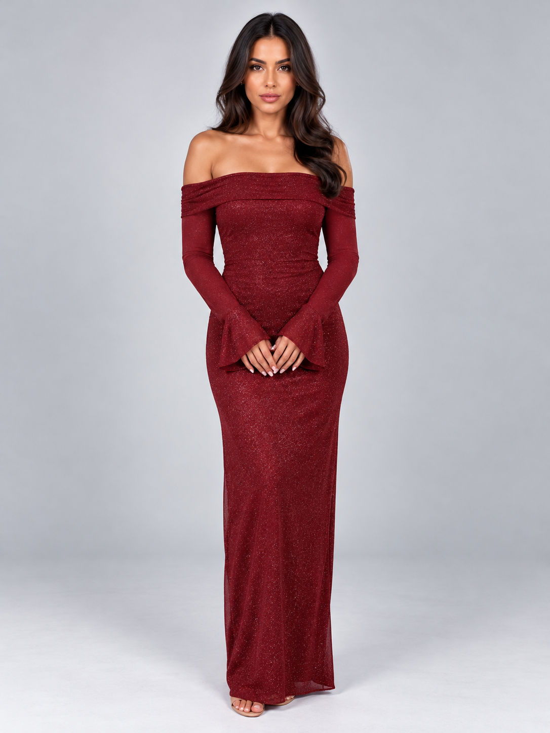 Abito Lungo Donna Glitter Spalle Scoperte da Sera Aderente