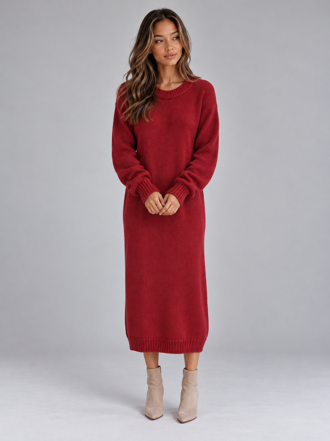 Abito Midi Donna in Maglia Girocollo Rilassato Invernale