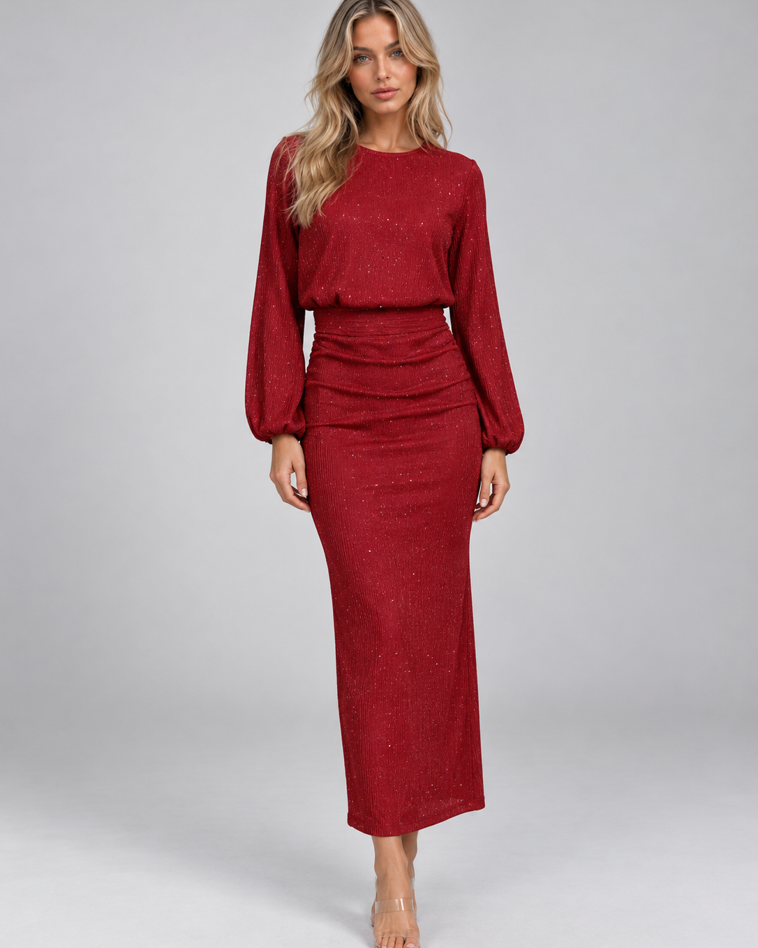 Abito Lungo Donna Glitter Vita Definita Gonna Fluida Elegante