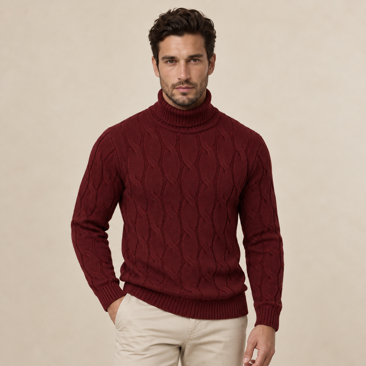 Maglione Uomo a Trecce Collo Alto in Maglia Classico Caldo