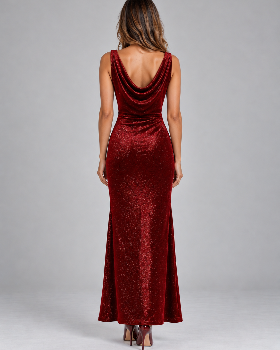 Abito Lungo Donna Glitter Scollo a Cappuccio Vita Arricciata da Sera