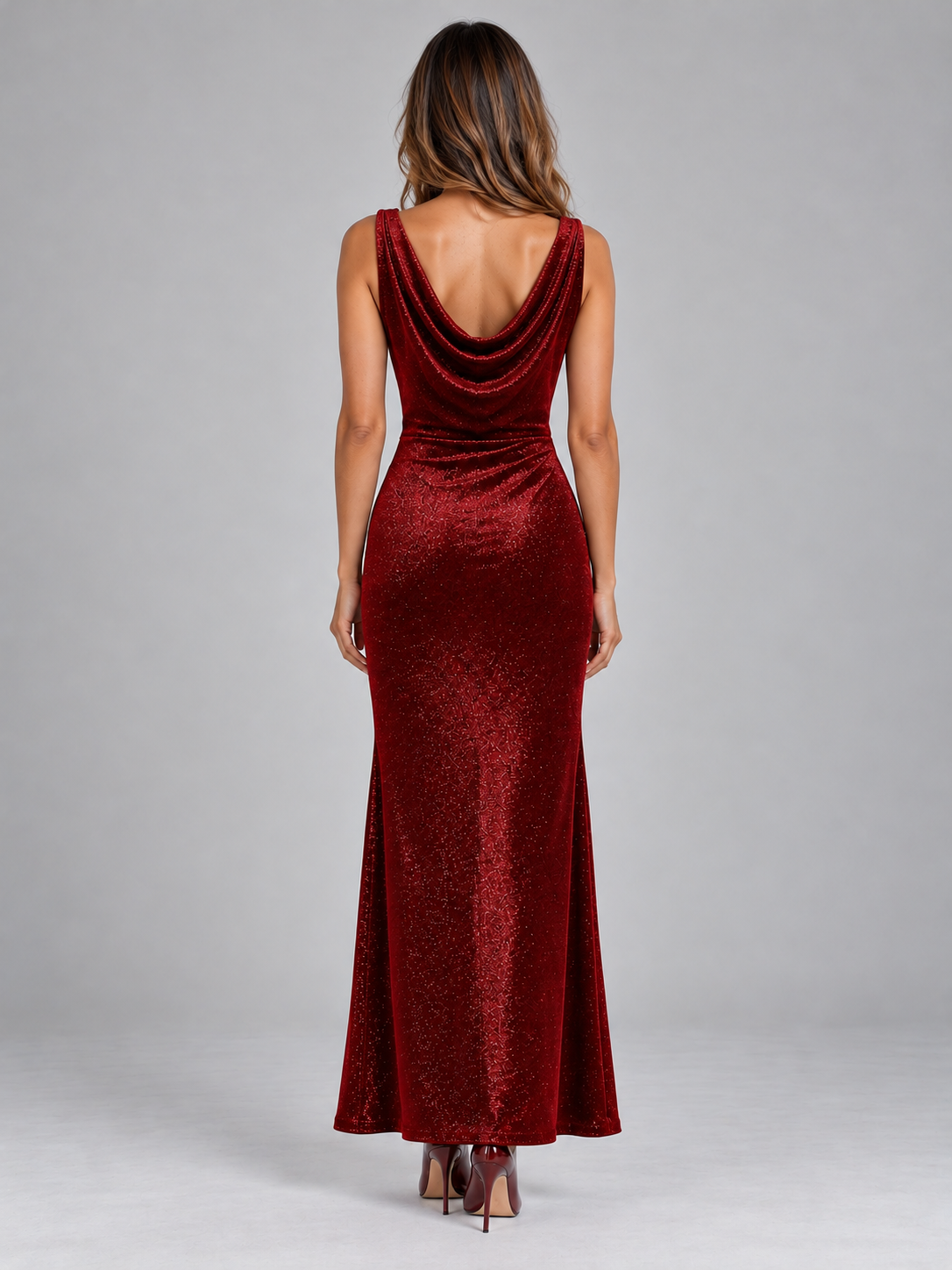 Abito Lungo Donna Glitter Scollo a Cappuccio Vita Arricciata da Sera