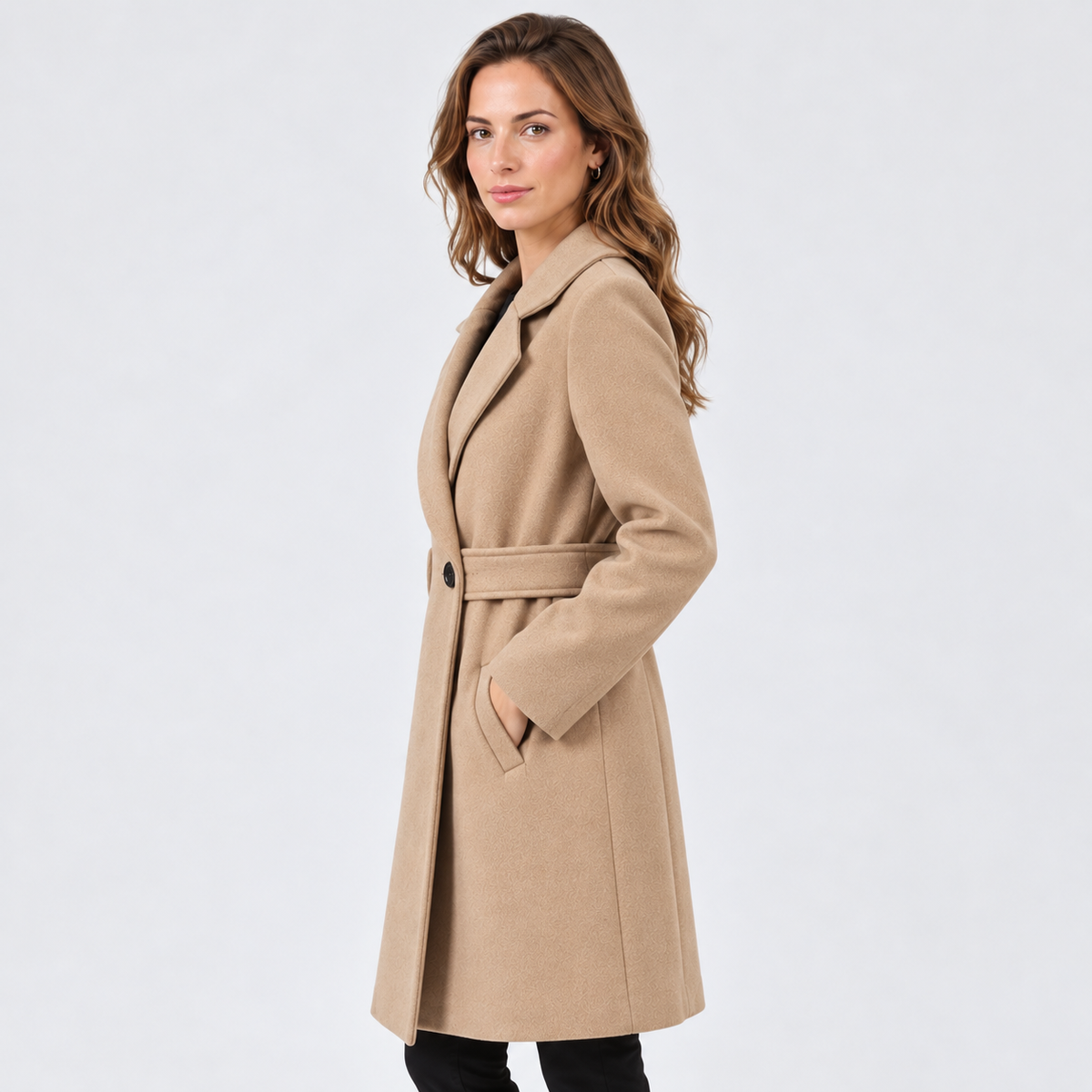 Cappotto Donna Lungo in Lana Aderente con Cintura Revers Raffinato