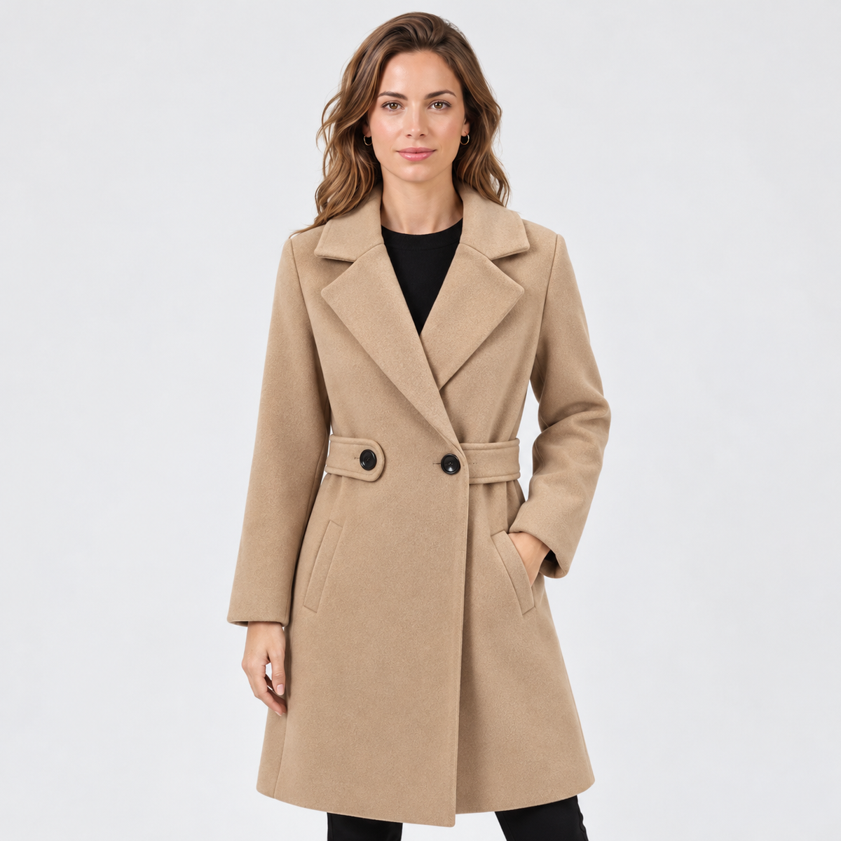 Cappotto Donna Lungo in Lana Aderente con Cintura Revers Raffinato