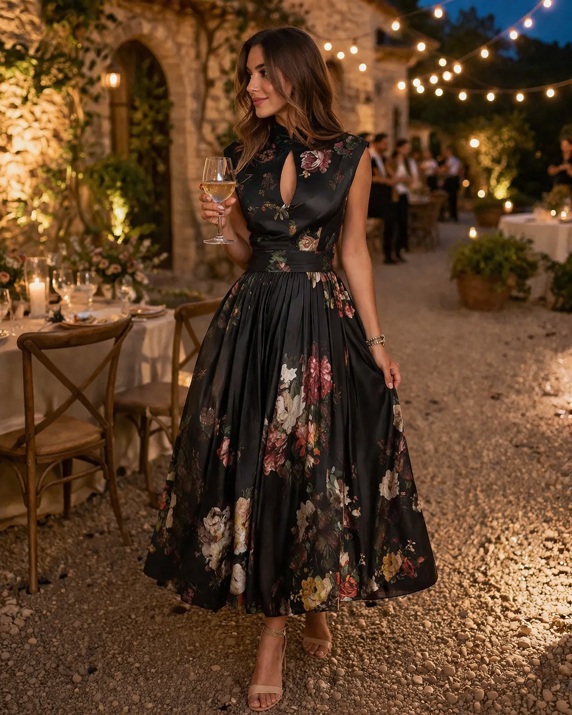 Abito Midi Donna Floreale Collo Alto Gonna Ampia Elegante