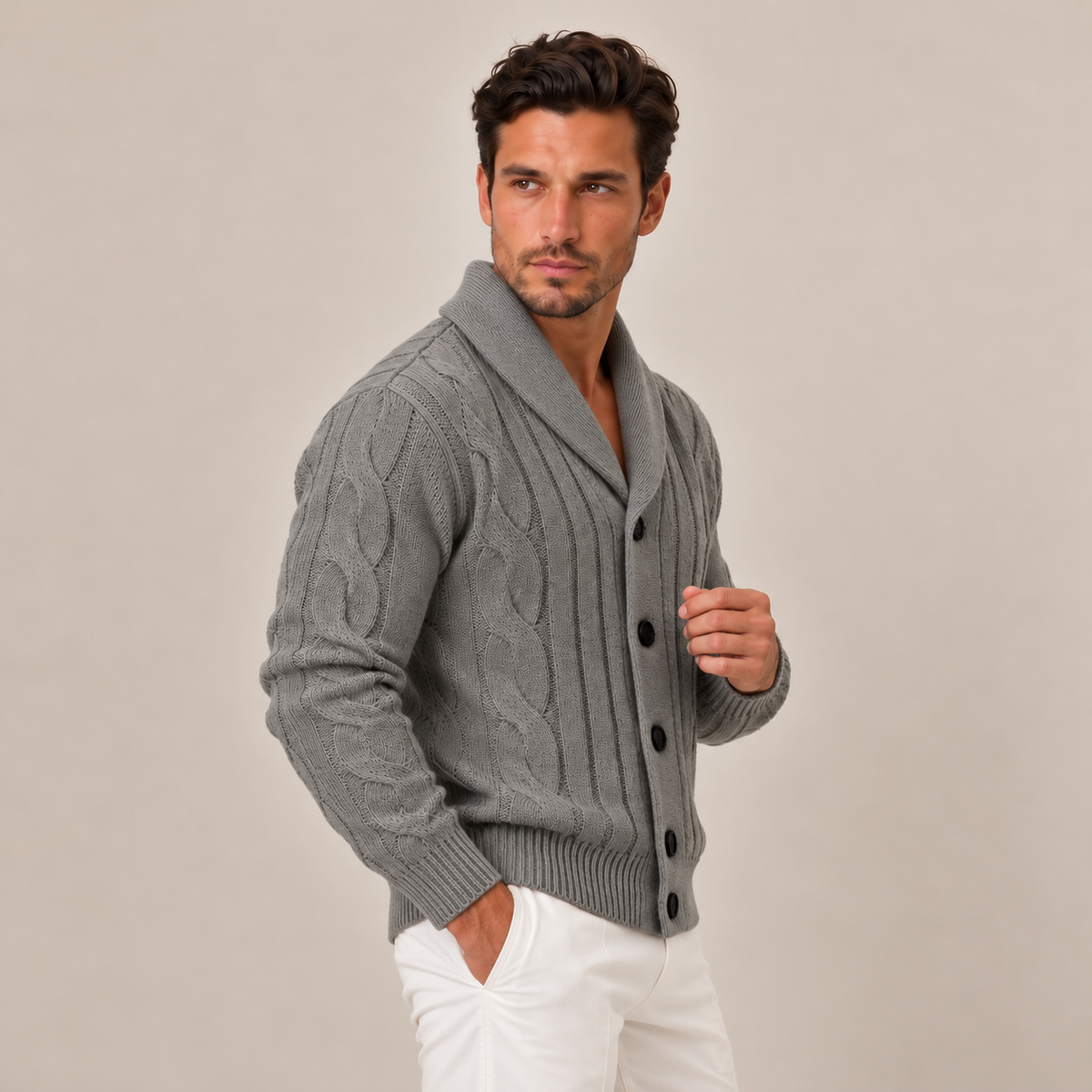 Cardigan Uomo a Trecce con Bottoni in Maglia Classico