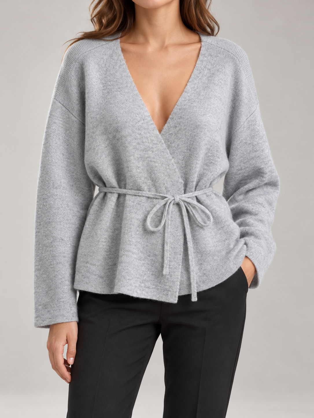 Cardigan Donna a Portafoglio Misto Lana Cintura Scollo a V