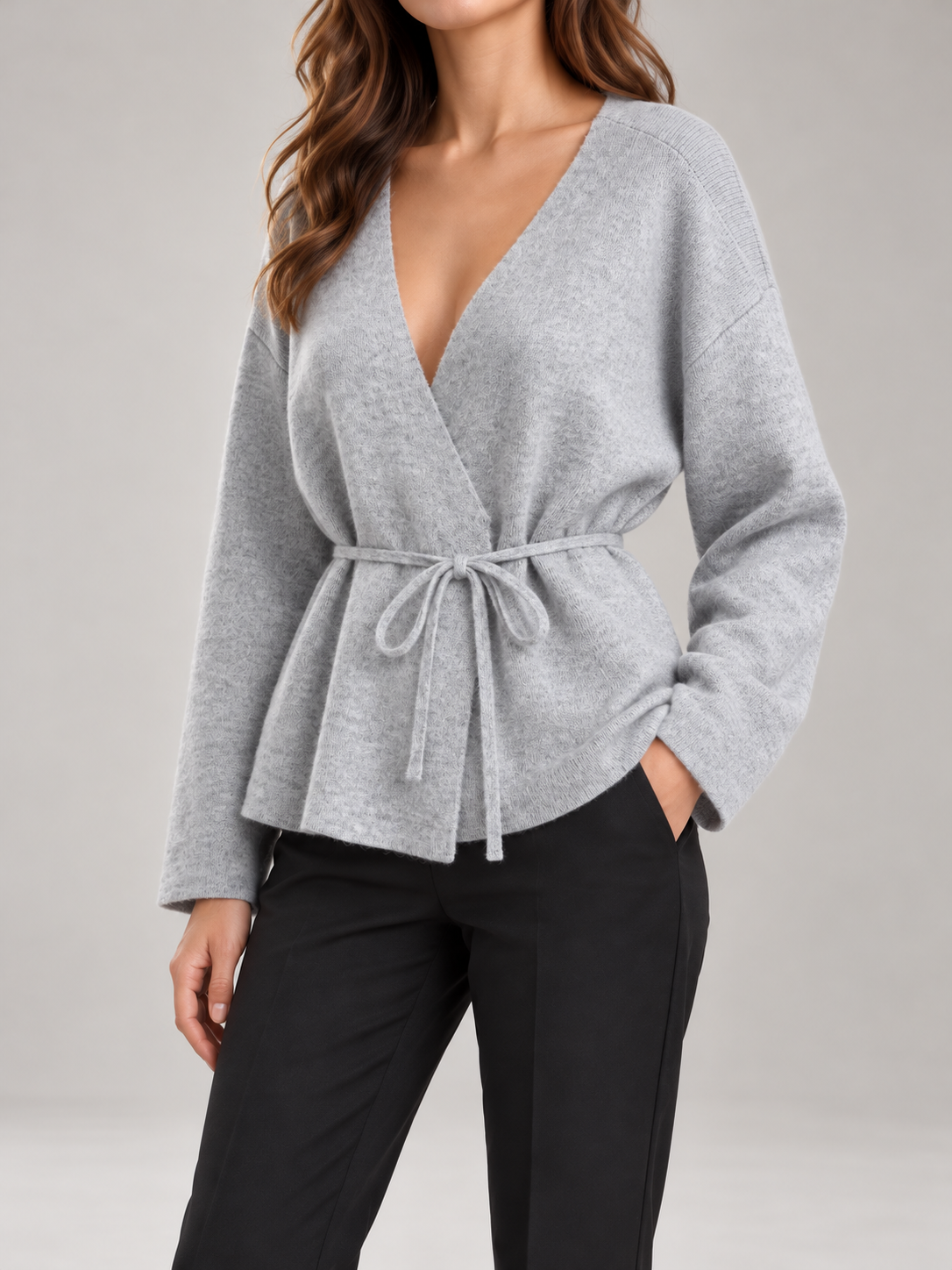Cardigan Donna a Portafoglio Misto Lana Cintura Scollo a V