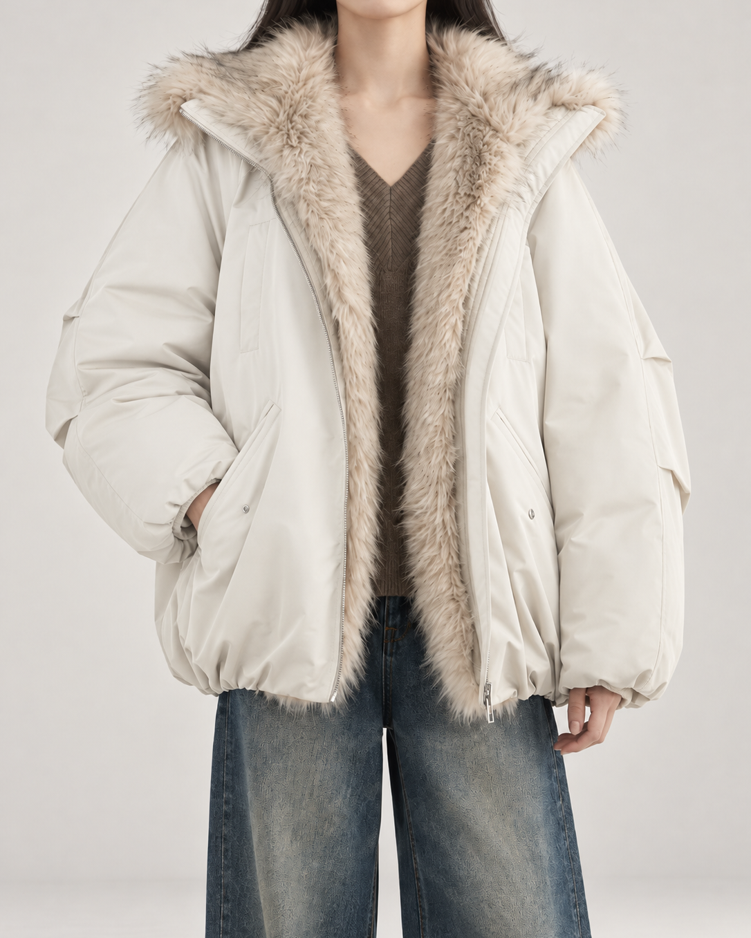 Giubbotto Donna Oversize Imbottito Fodera in Pelliccia Sintetica