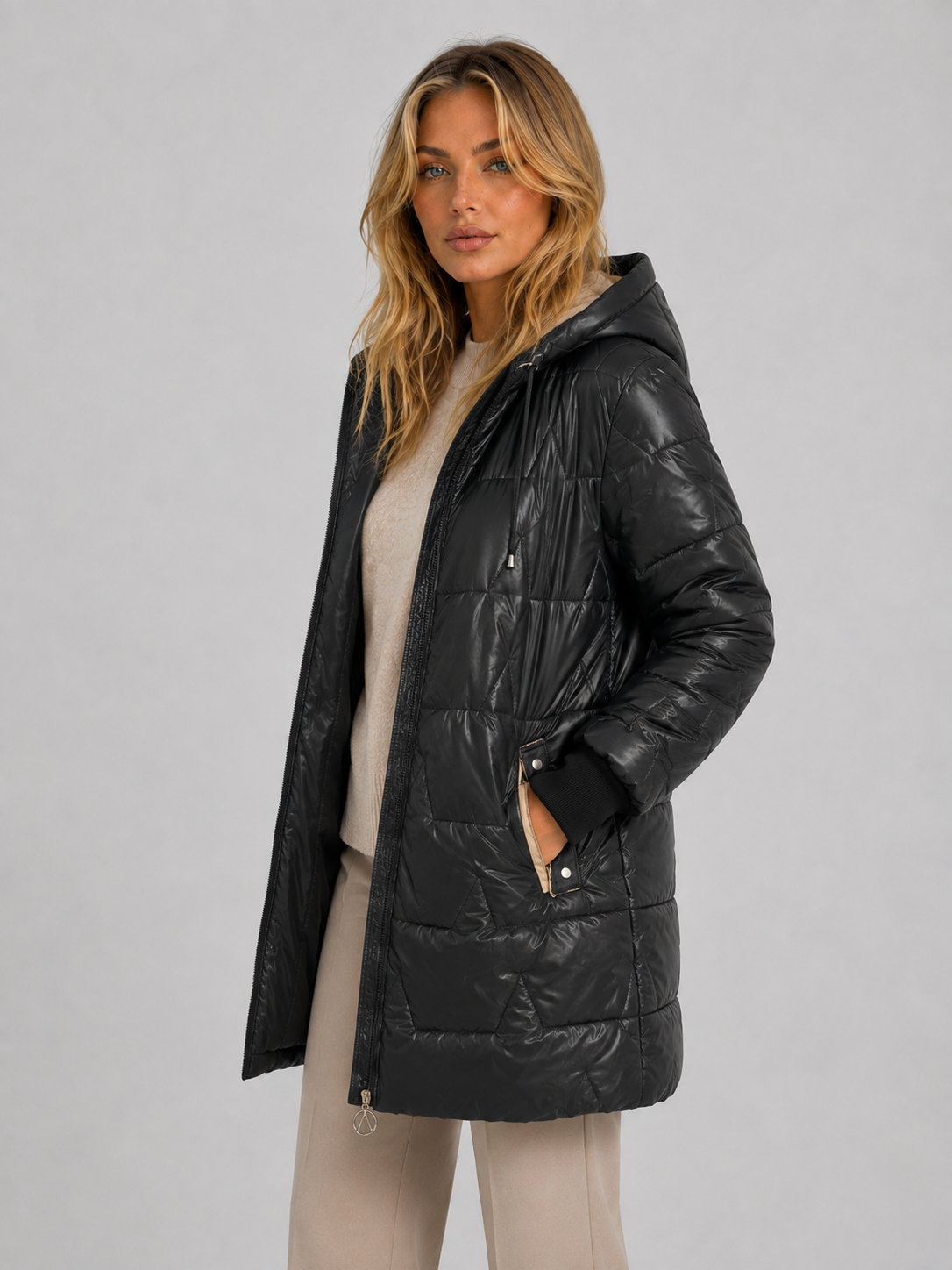 Cappotto Donna Imbottito Lungo con Cappuccio Trapuntato