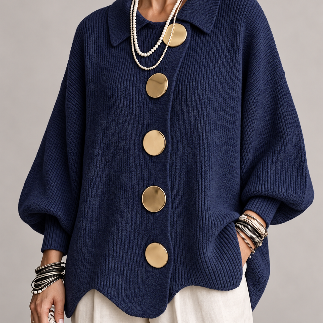 Cardigan Donna Oversize Lungo Bottoni Dorati Orlo Smerlato