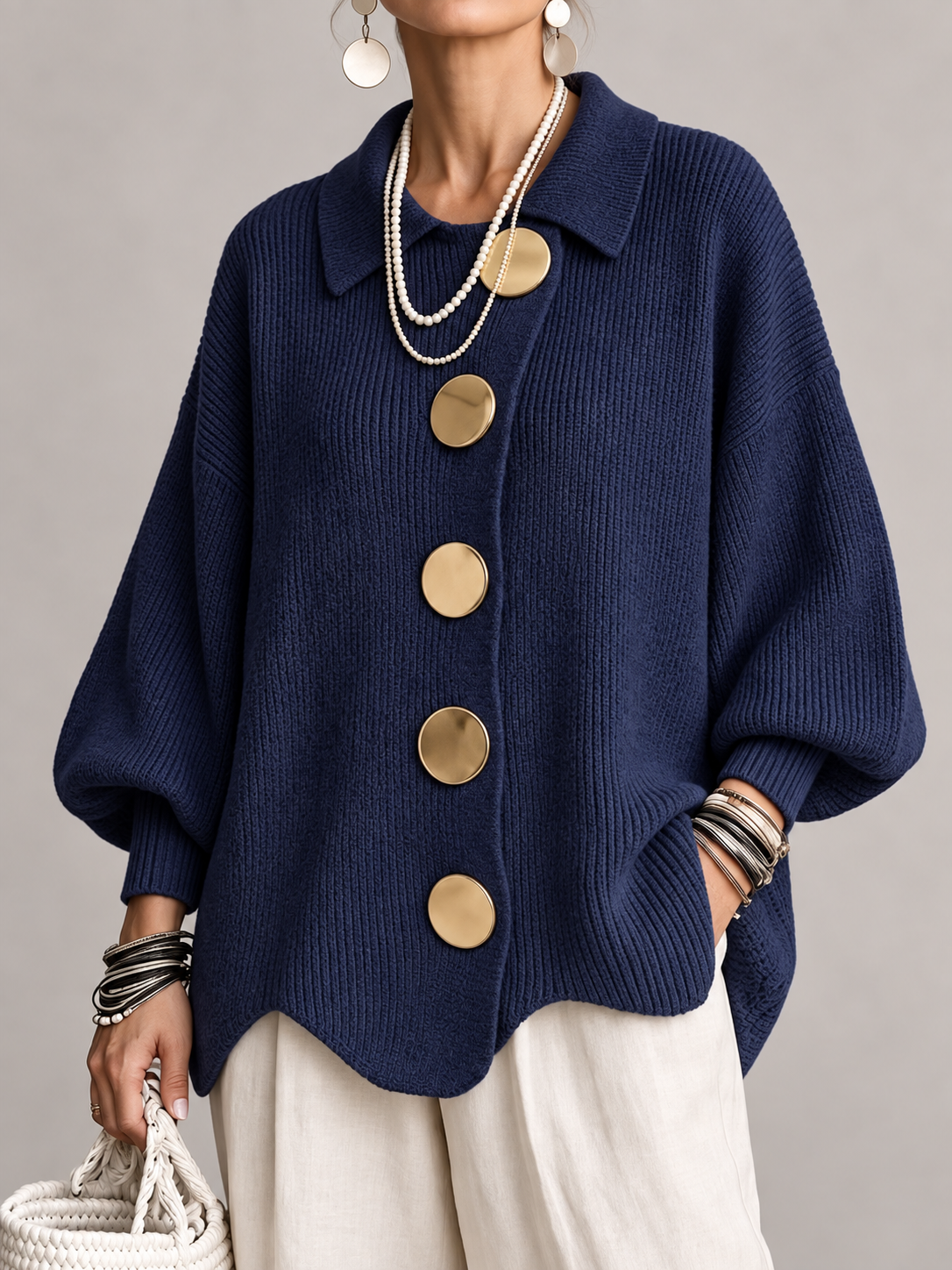 Cardigan Donna Oversize Lungo Bottoni Dorati Orlo Smerlato