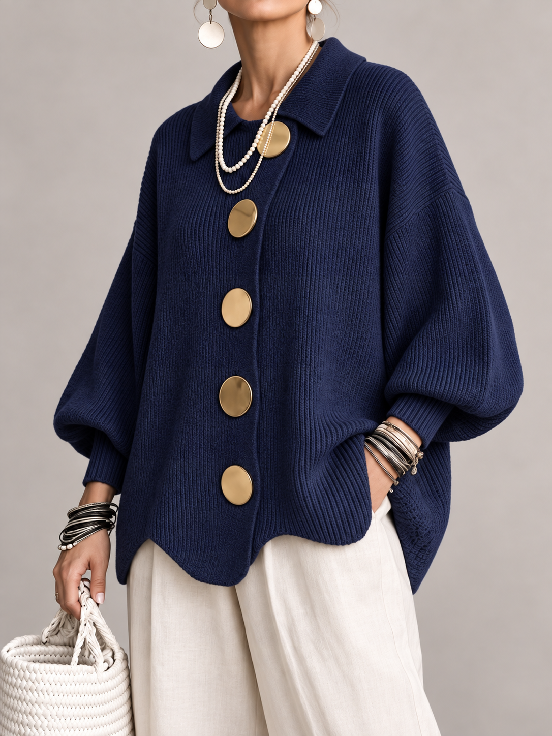 Cardigan Donna Oversize Lungo Bottoni Dorati Orlo Smerlato