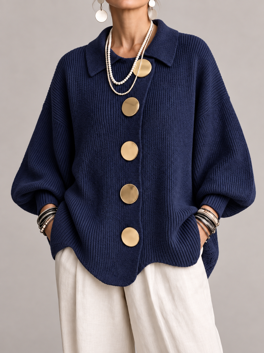 Cardigan Donna Oversize Lungo Bottoni Dorati Orlo Smerlato