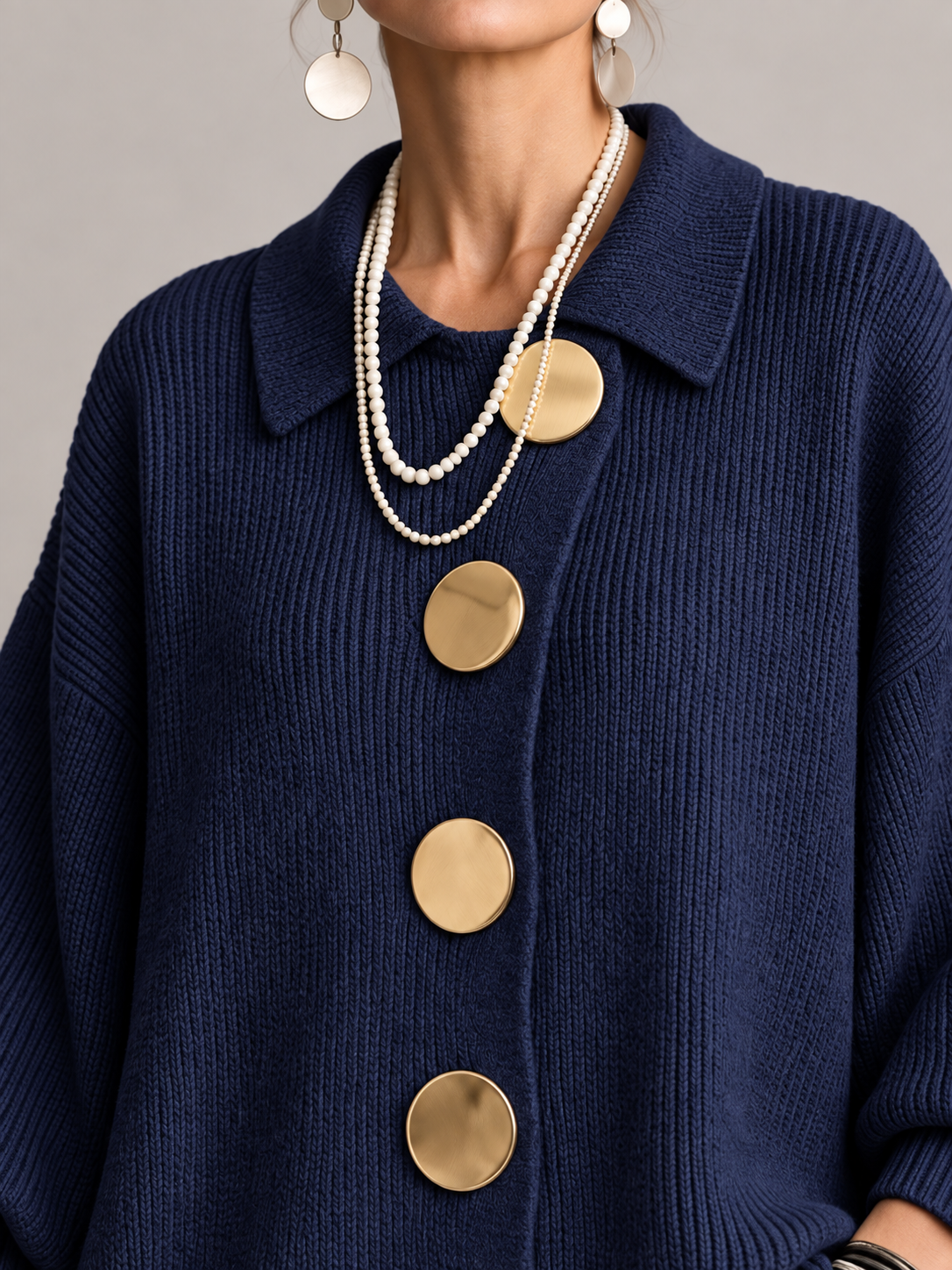 Cardigan Donna Oversize Lungo Bottoni Dorati Orlo Smerlato