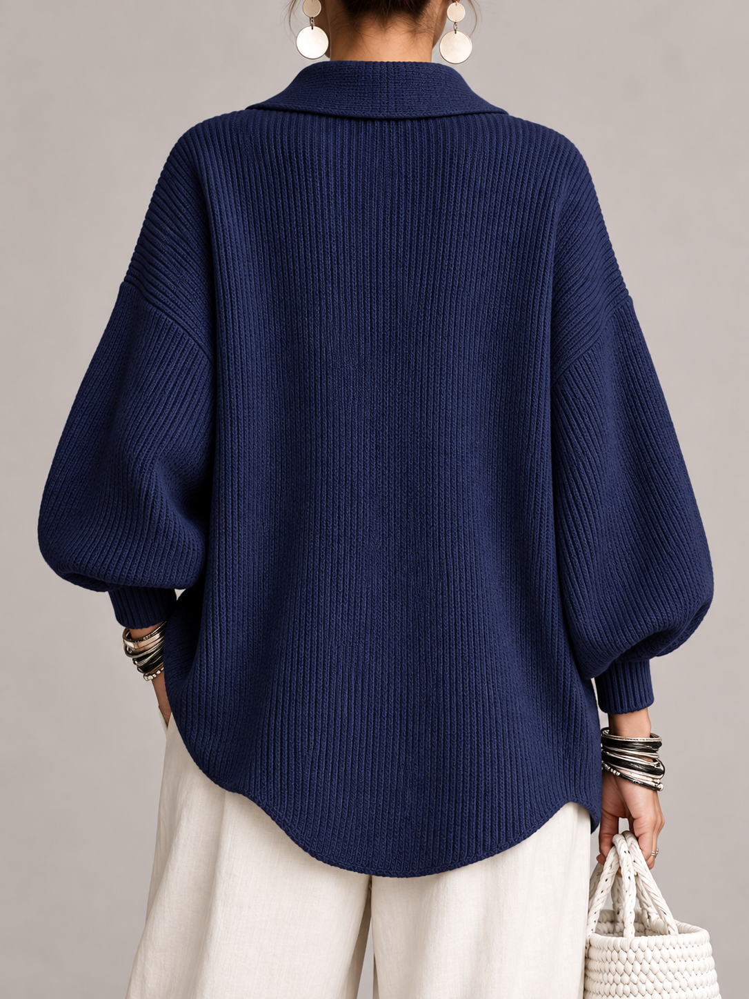 Cardigan Donna Oversize Lungo Bottoni Dorati Orlo Smerlato