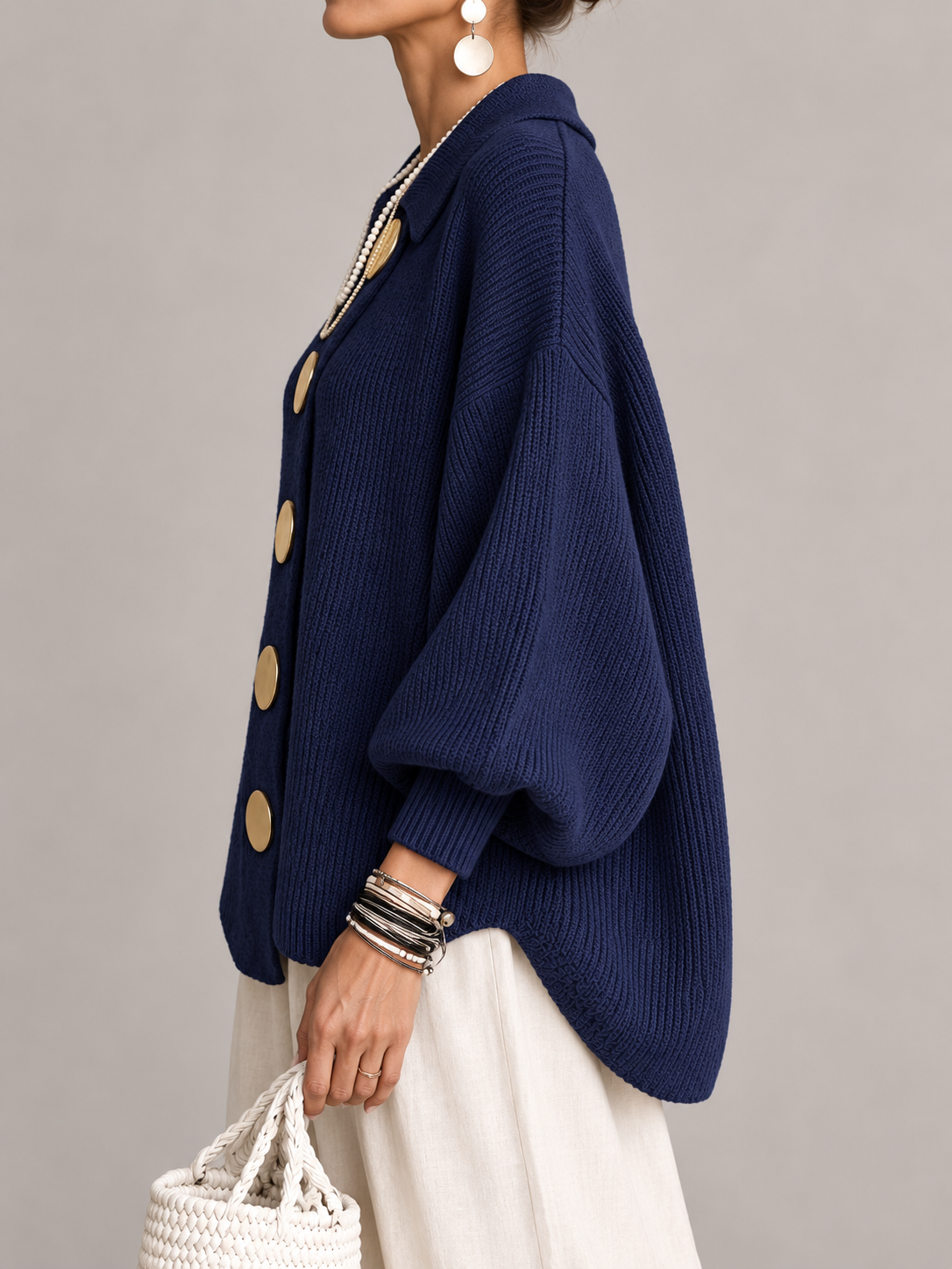 Cardigan Donna Oversize Lungo Bottoni Dorati Orlo Smerlato