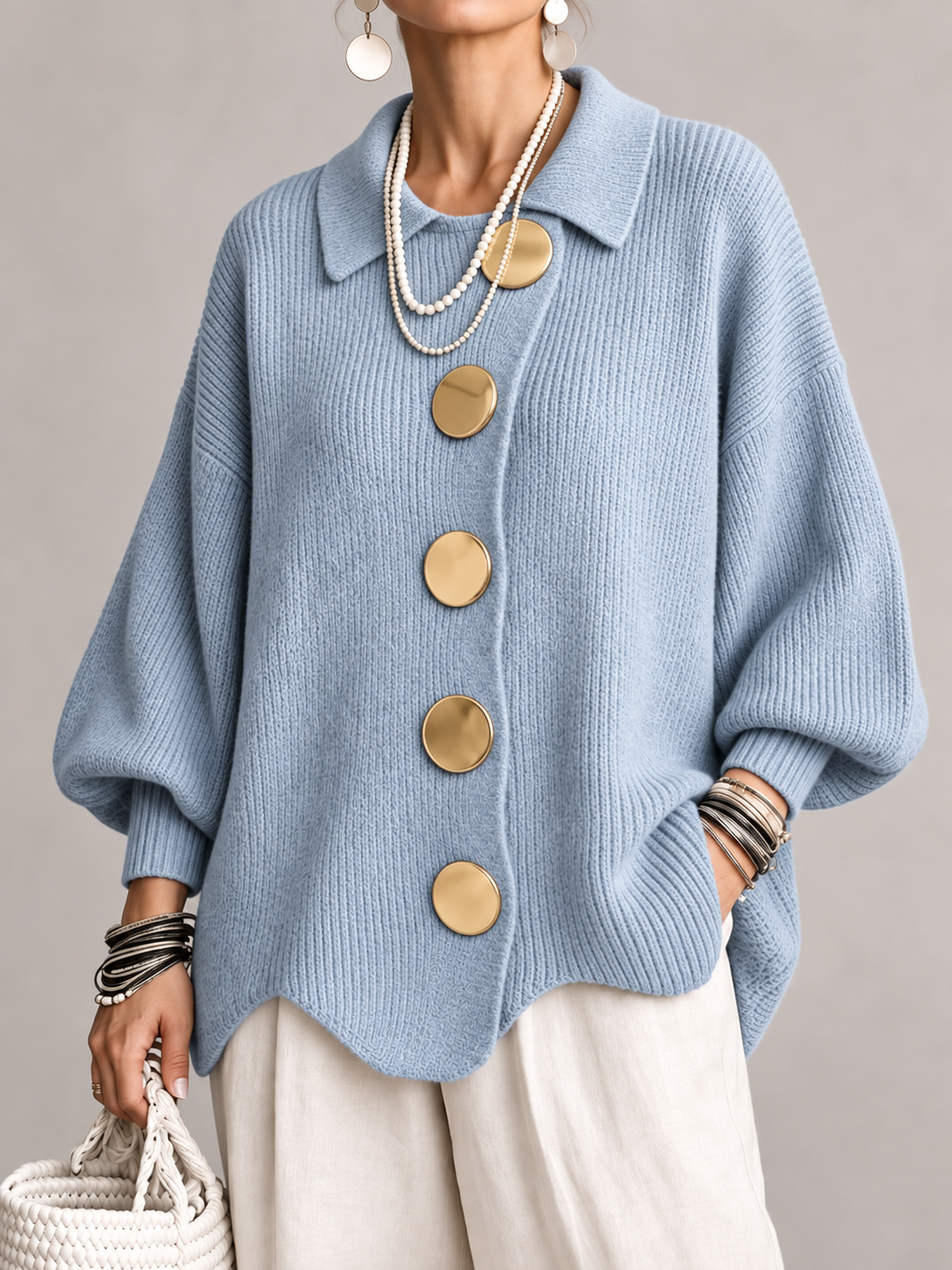 Cardigan Donna Oversize Lungo Bottoni Dorati Orlo Smerlato
