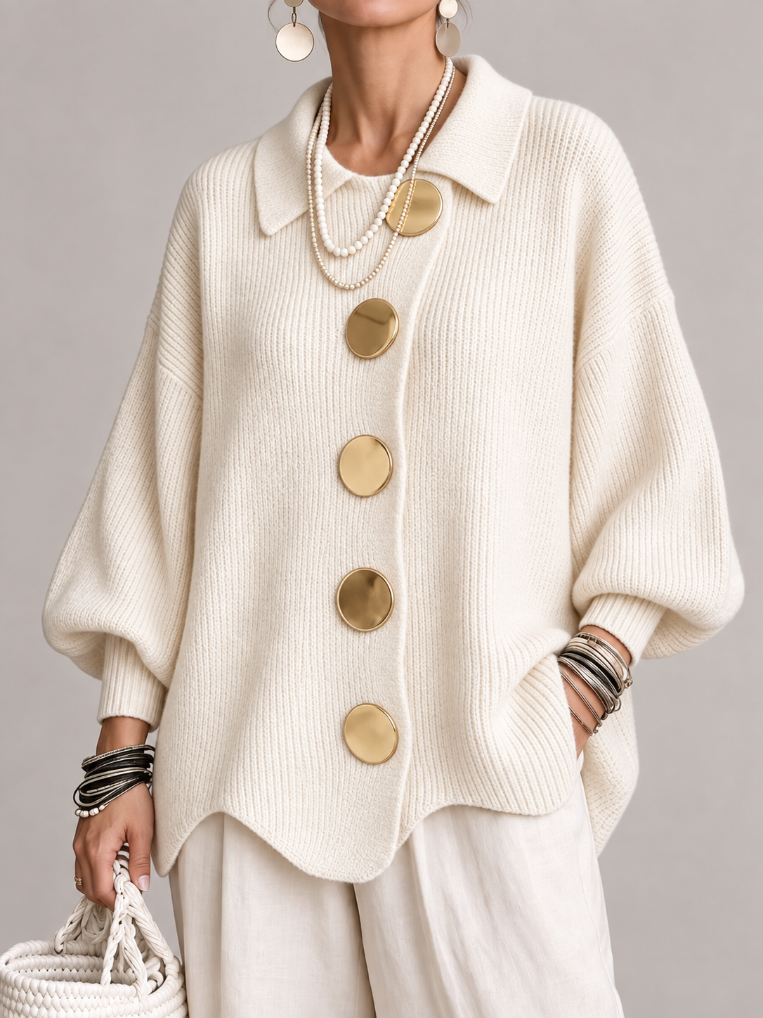 Cardigan Donna Oversize Lungo Bottoni Dorati Orlo Smerlato