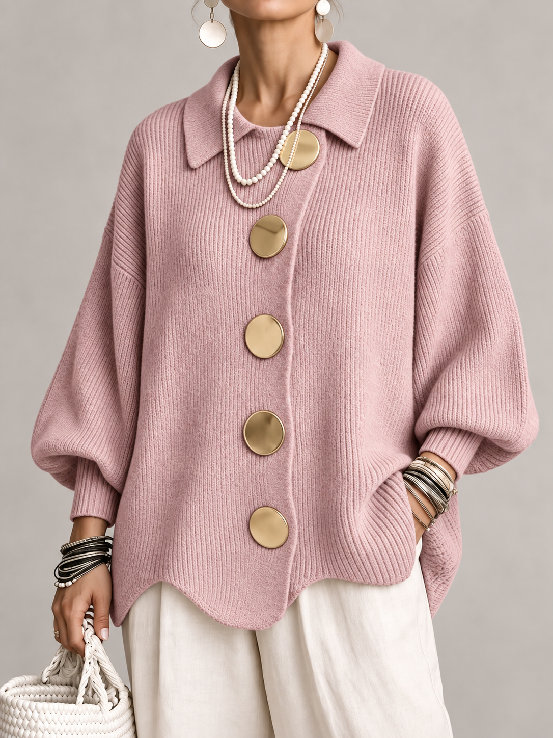 Cardigan Donna Oversize Lungo Bottoni Dorati Orlo Smerlato