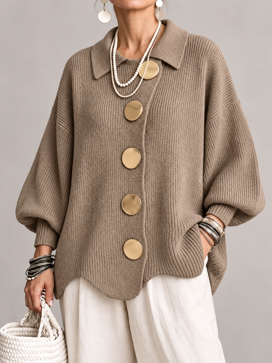 Cardigan Donna Oversize Lungo Bottoni Dorati Orlo Smerlato
