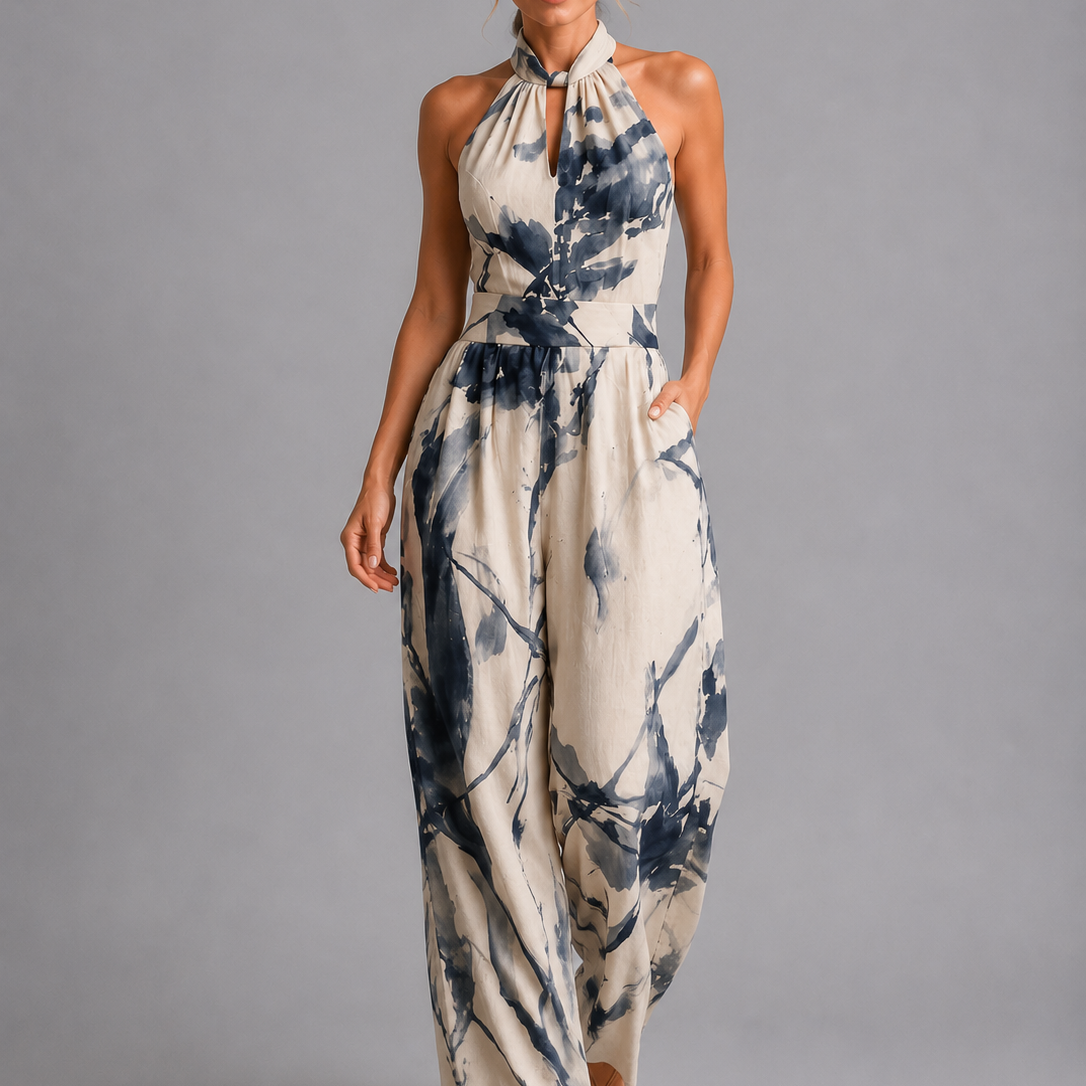 Tuta Donna Stampata Gamba Ampia Scollo Halter Estiva