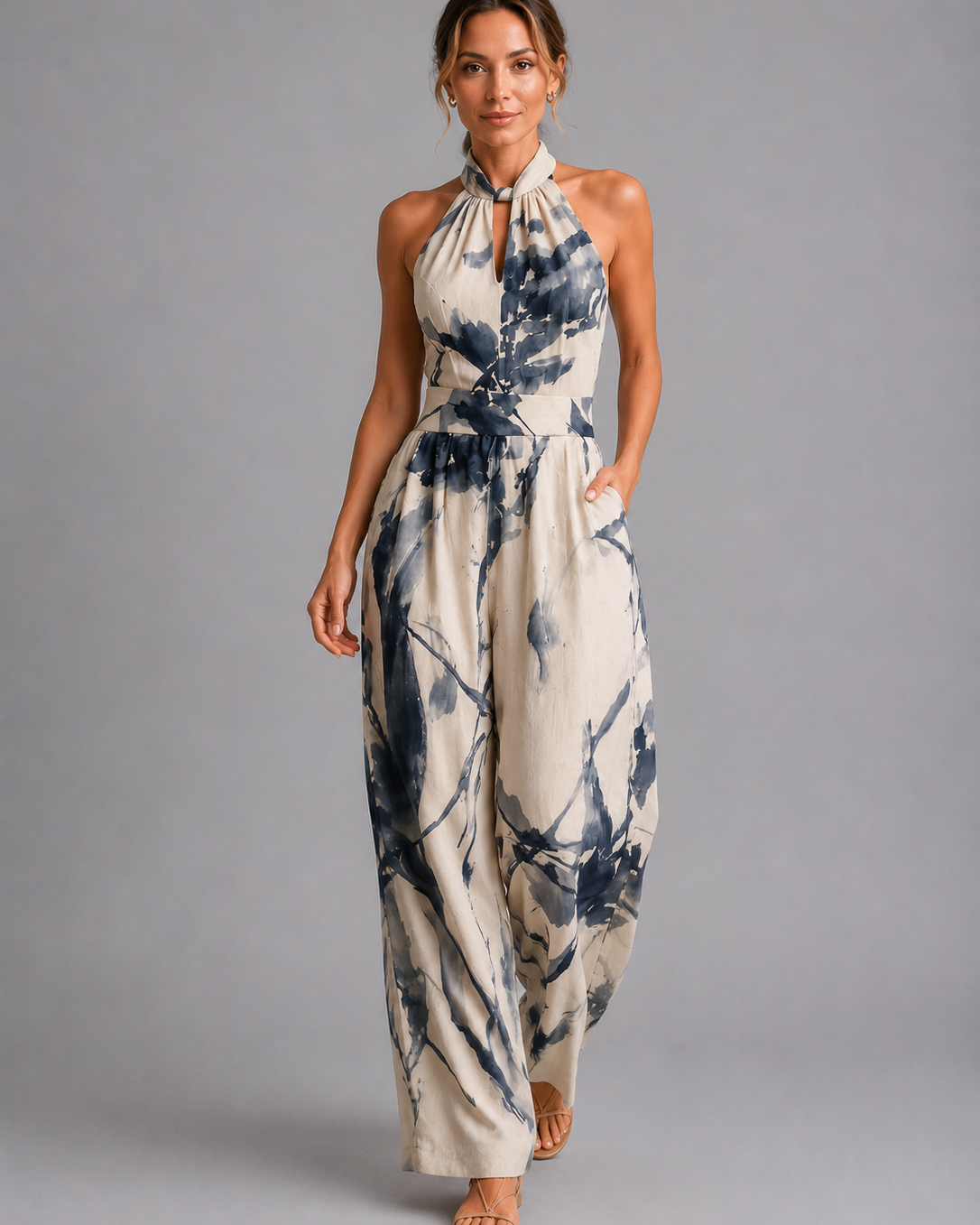 Tuta Donna Stampata Gamba Ampia Scollo Halter Estiva