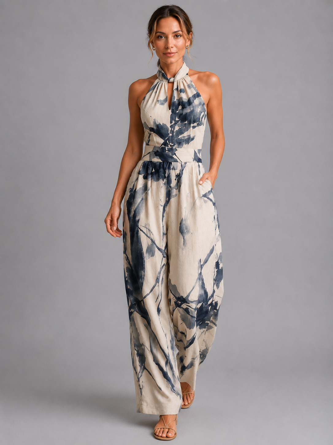 Tuta Donna Stampata Gamba Ampia Scollo Halter Estiva