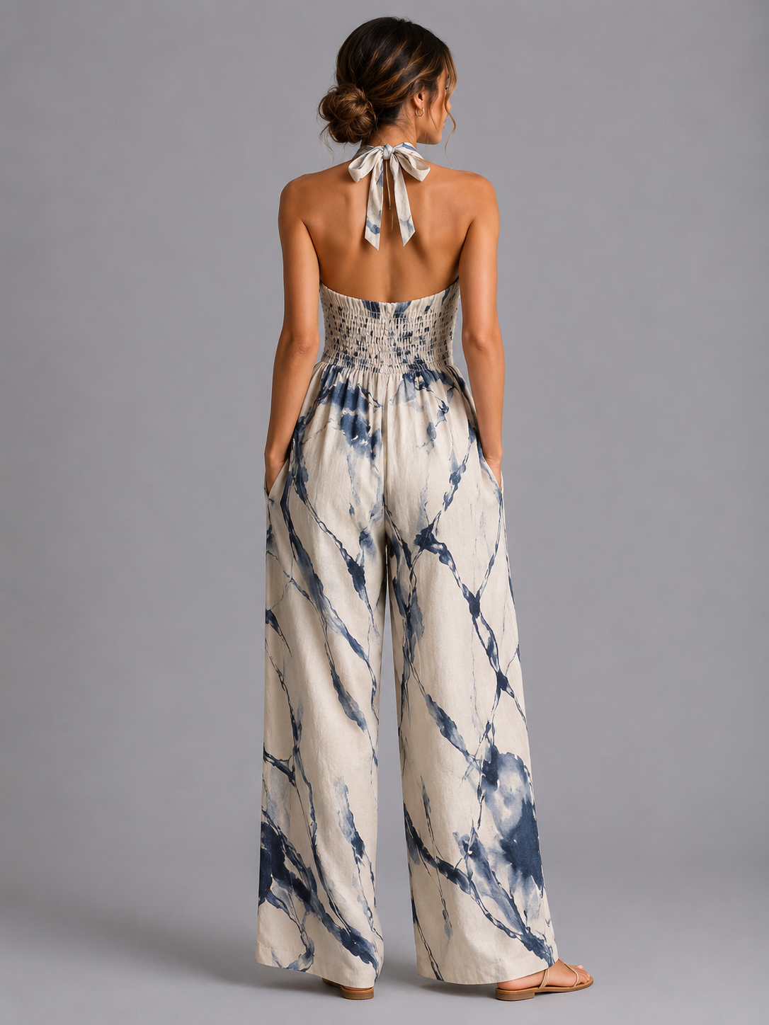 Tuta Donna Stampata Gamba Ampia Scollo Halter Estiva