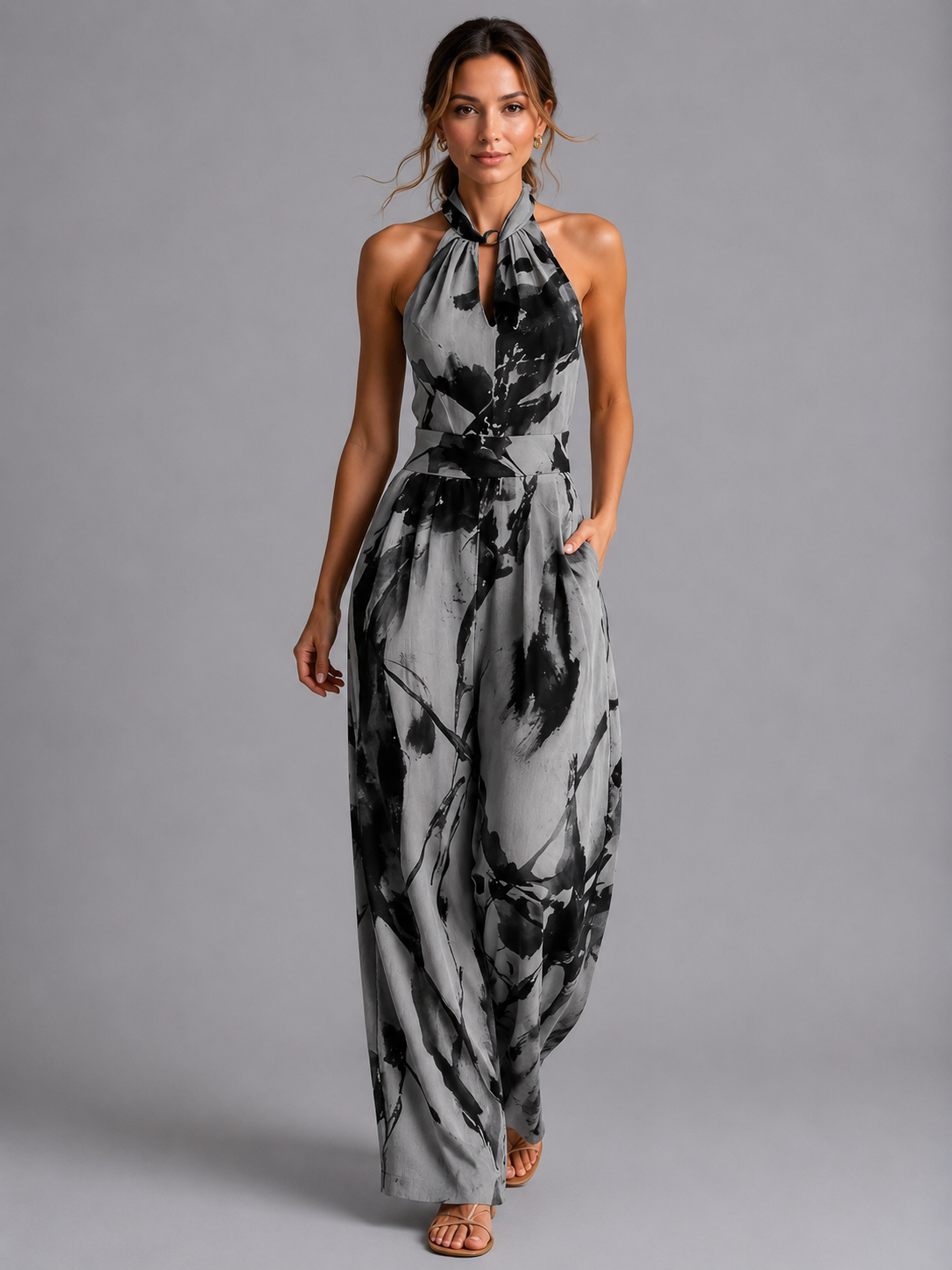 Tuta Donna Stampata Gamba Ampia Scollo Halter Estiva