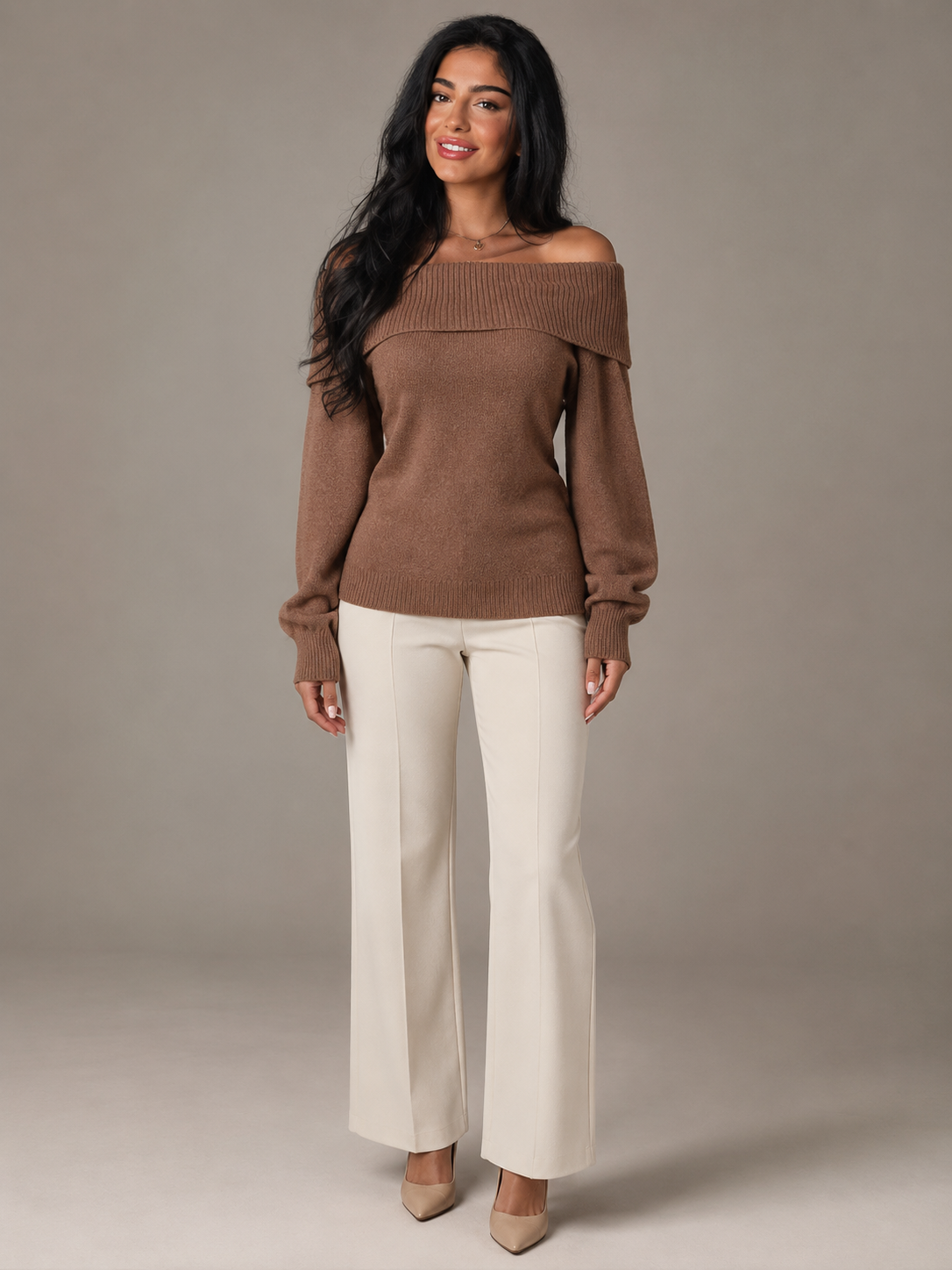 Maglione Donna Spalle Scoperte Collo Ripiegato Aderente