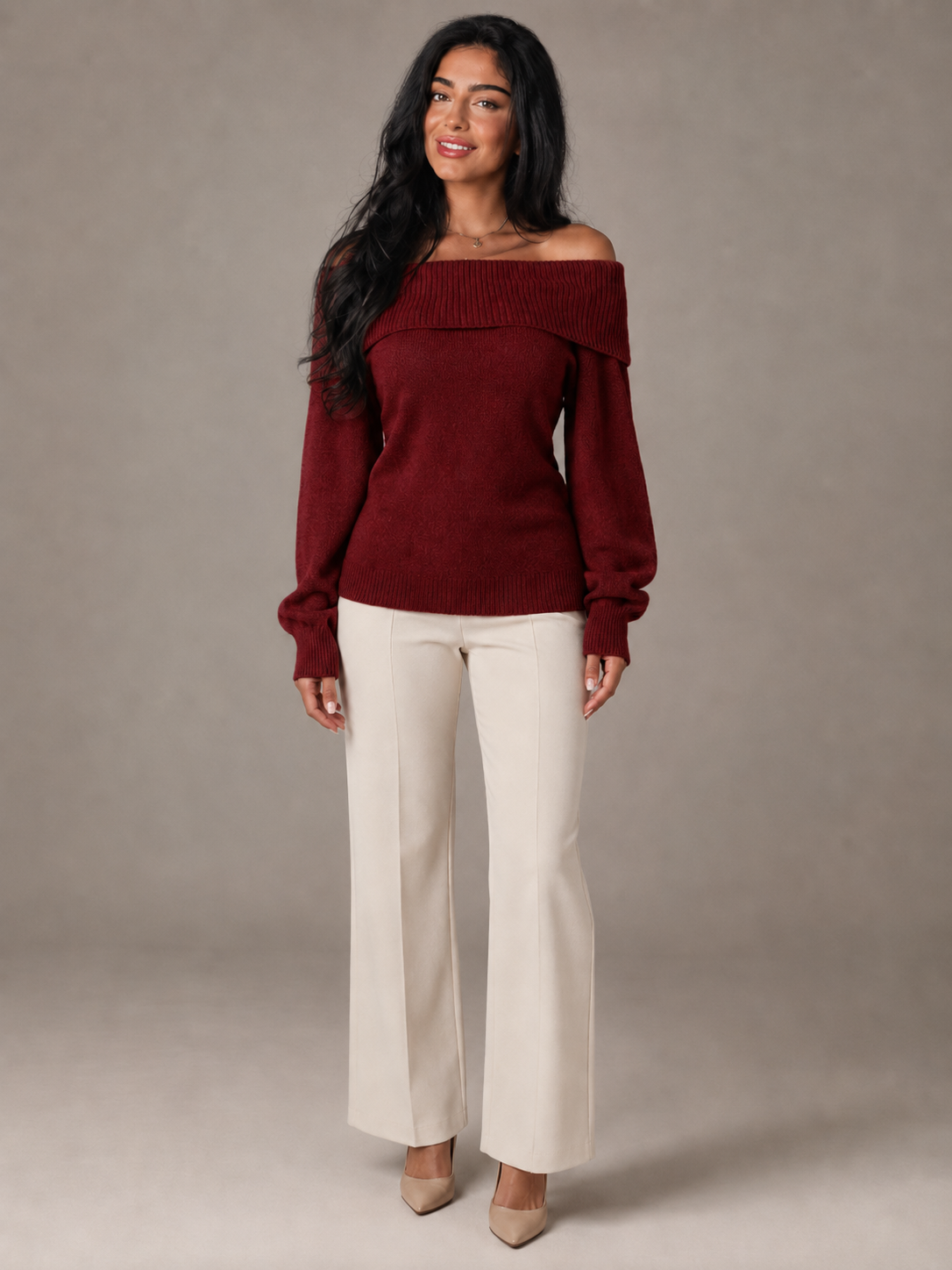 Maglione Donna Spalle Scoperte Collo Ripiegato Aderente